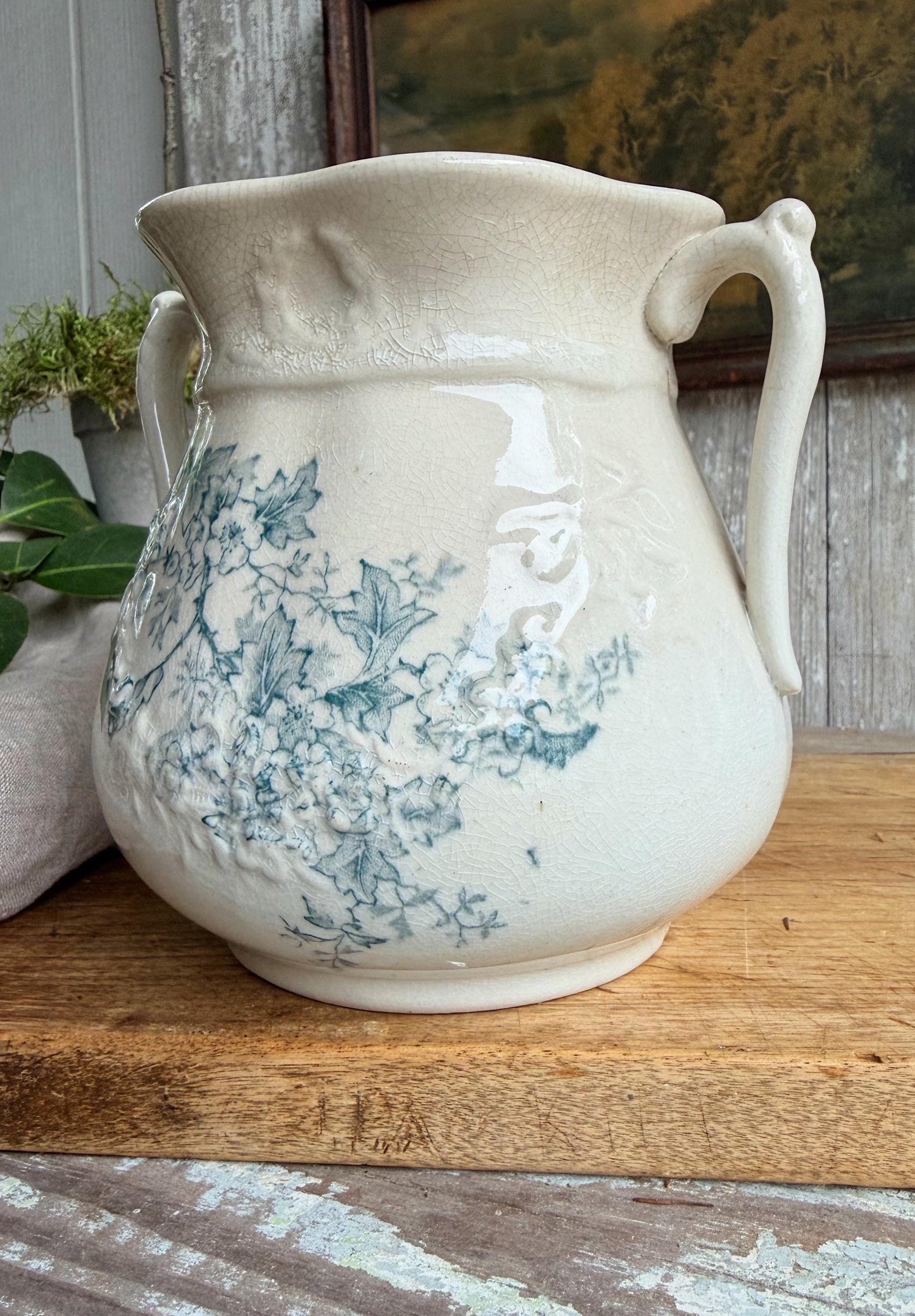 Antique Ironstone Sugar Biscuit Jar, Robin Blue Crazed Aesthetic