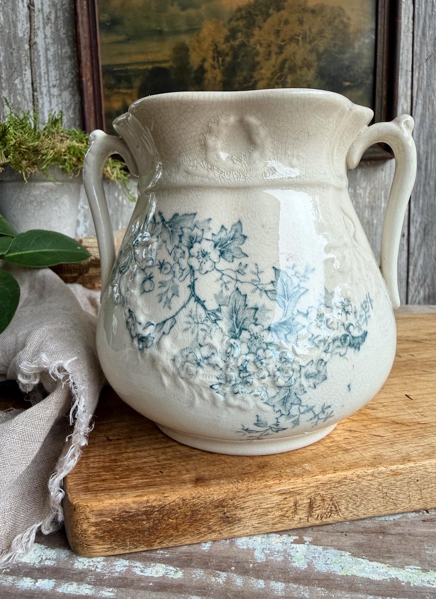 Antique Ironstone Sugar Biscuit Jar, Robin Blue Crazed Aesthetic