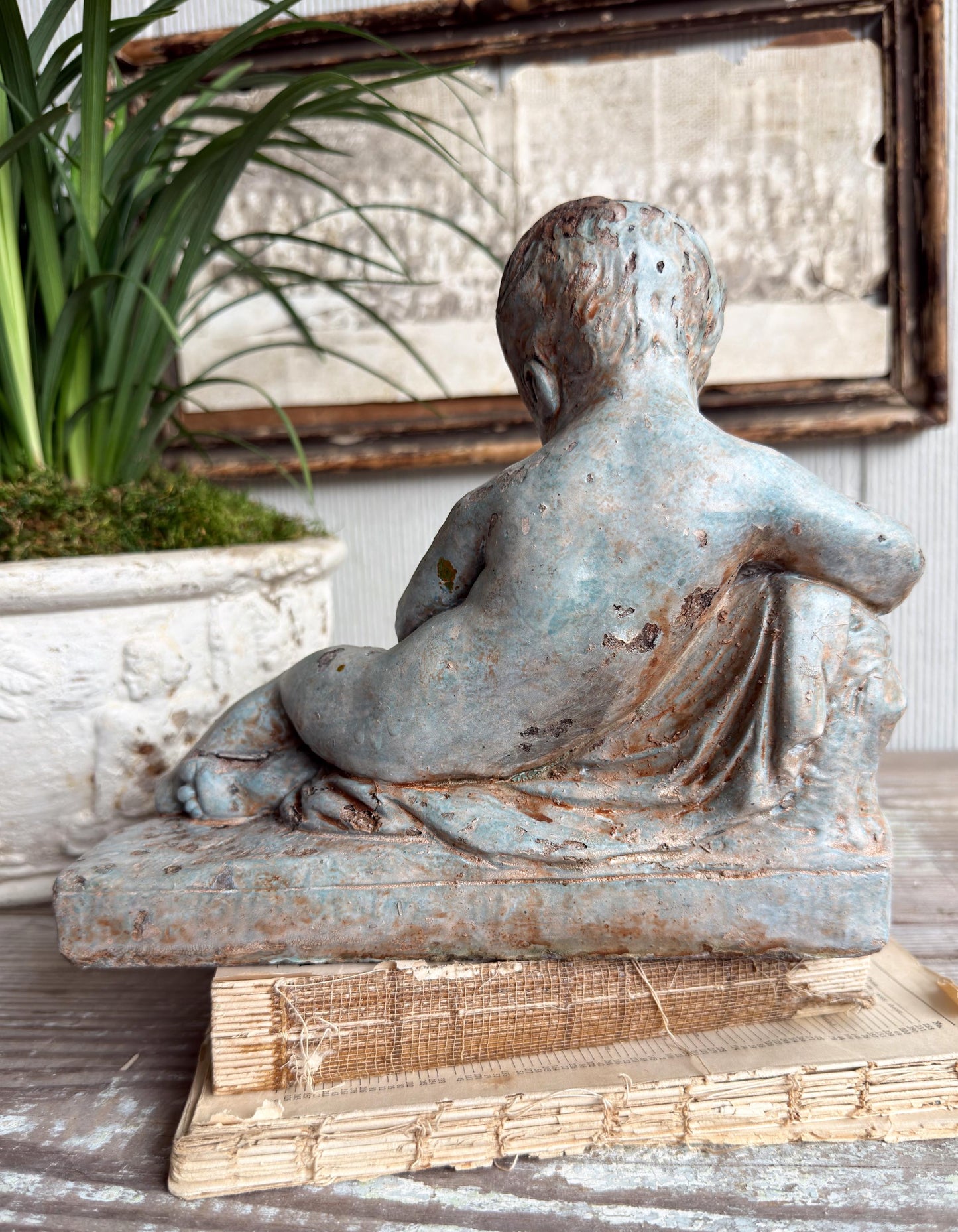 Antique Concrete Garden Statue Boy with Bird Figure, Weathered Cement Sculpture, Aged Patina Outdoor Decor