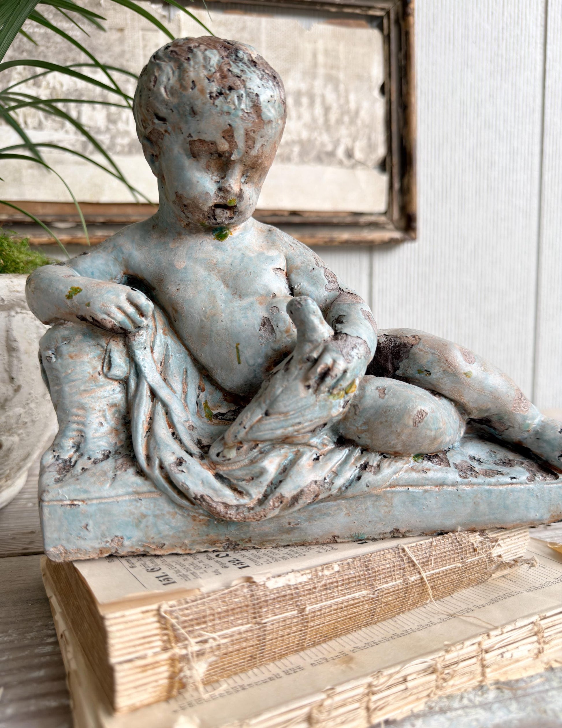 Antique Concrete Garden Statue Boy with Bird Figure, Weathered Cement Sculpture, Aged Patina Outdoor Decor