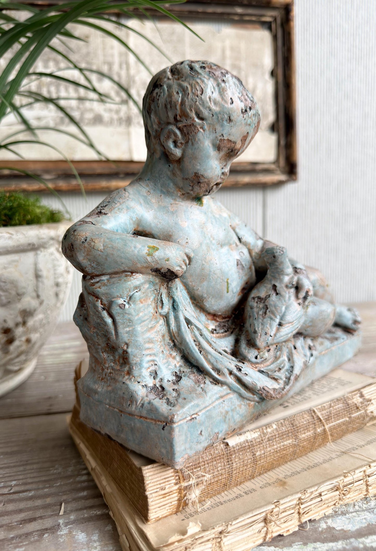 Antique Concrete Garden Statue Boy with Bird Figure, Weathered Cement Sculpture, Aged Patina Outdoor Decor