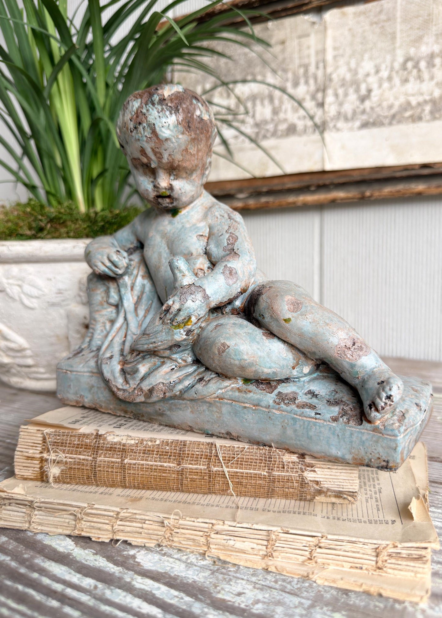 Antique Concrete Garden Statue Boy with Bird Figure, Weathered Cement Sculpture, Aged Patina Outdoor Decor