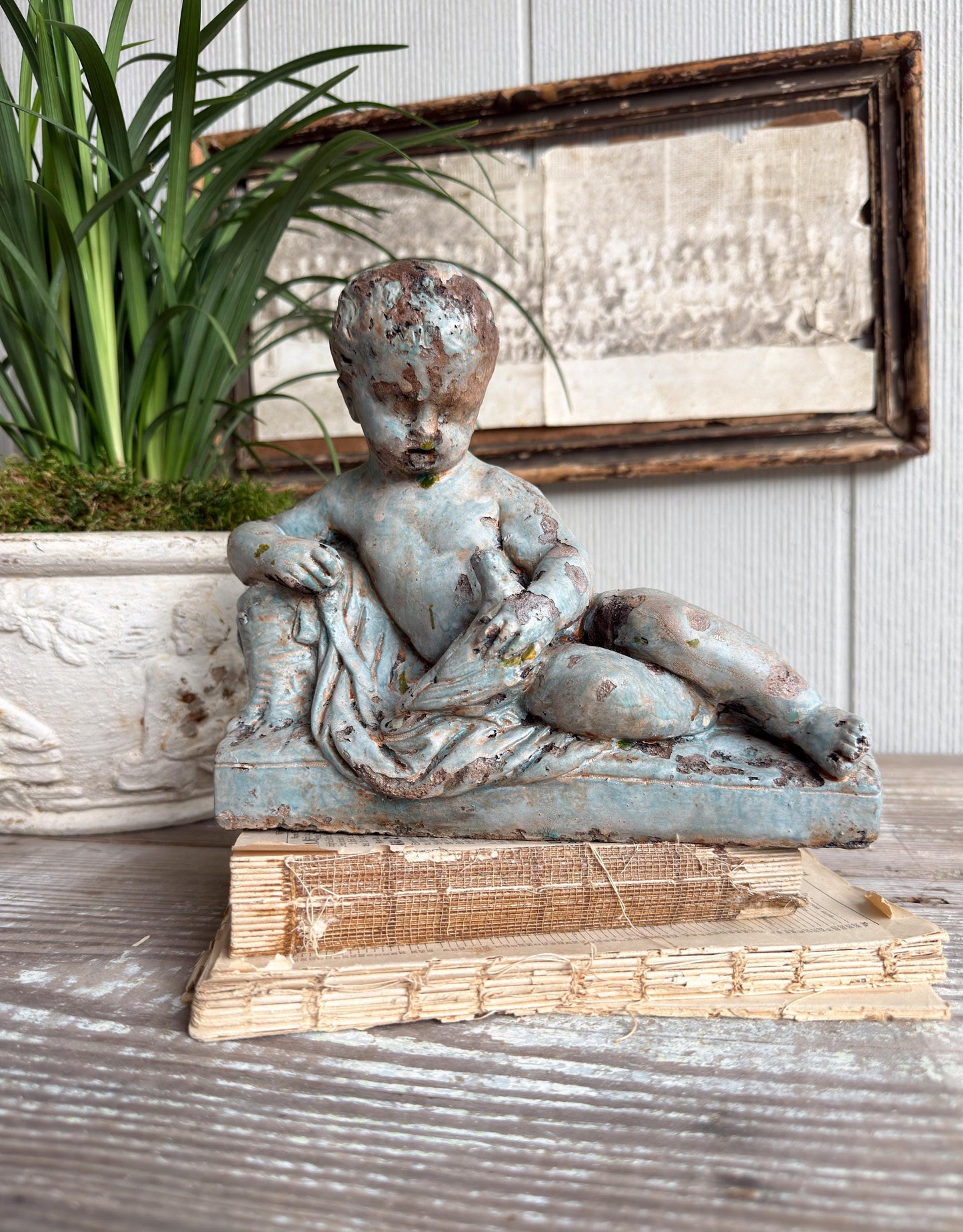 Antique Concrete Garden Statue Boy with Bird Figure, Weathered Cement Sculpture, Aged Patina Outdoor Decor