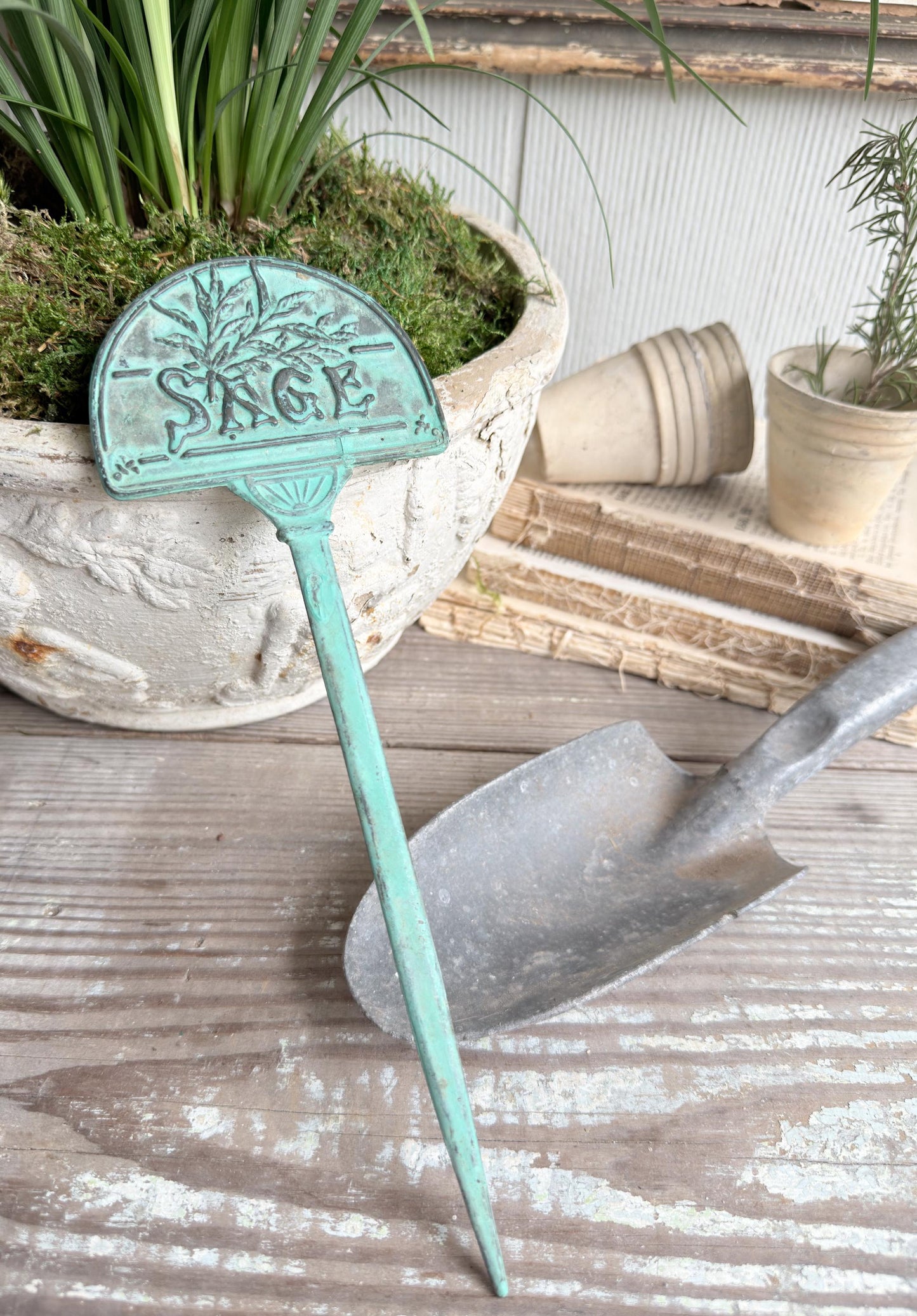 Vintage Brass Herb Marker Stake Sage, Garden Plant Marker, Aged Patina Garden Decor, Rustic Garden Accent