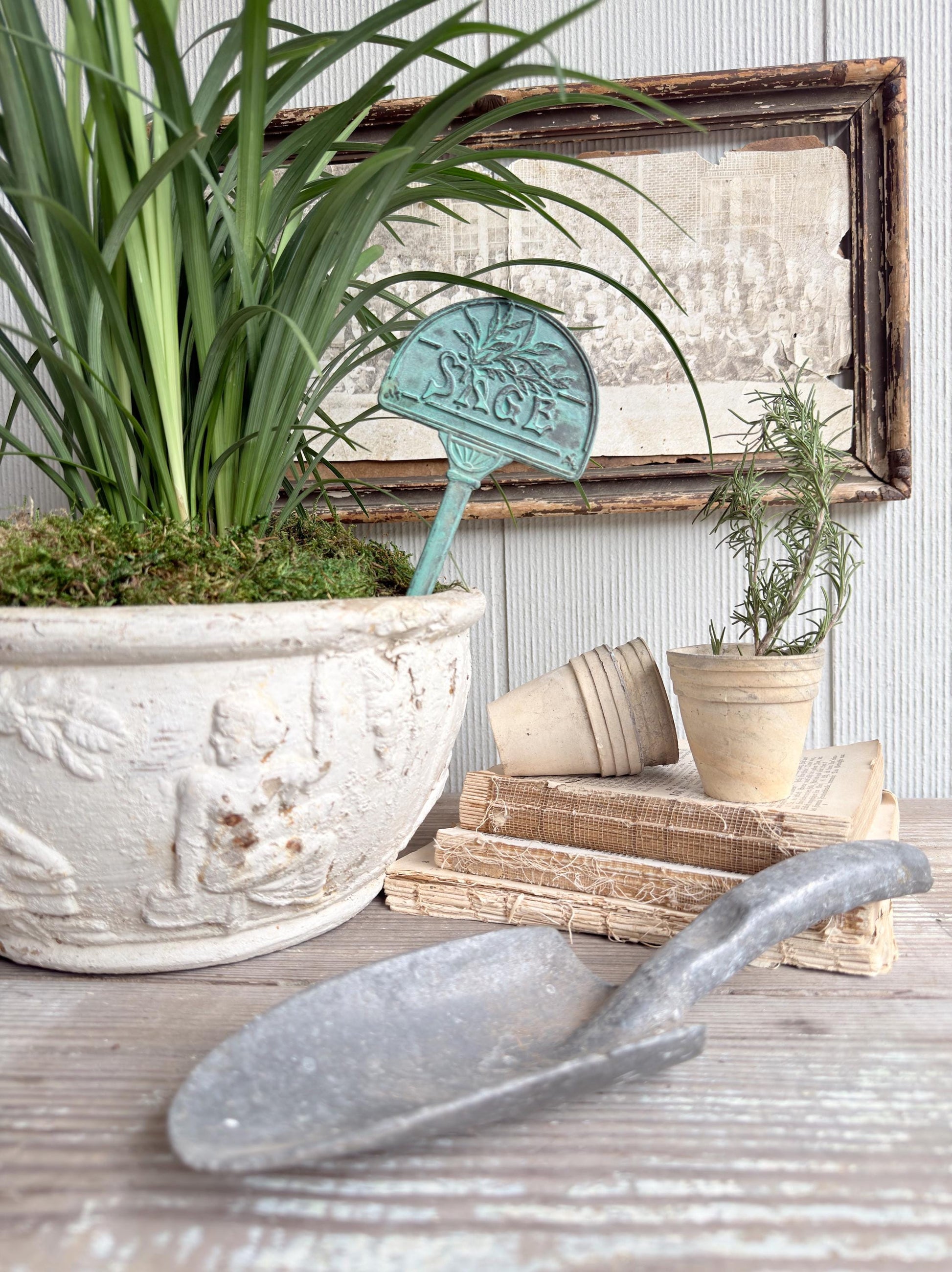 Vintage Brass Herb Marker Stake Sage, Garden Plant Marker, Aged Patina Garden Decor, Rustic Garden Accent