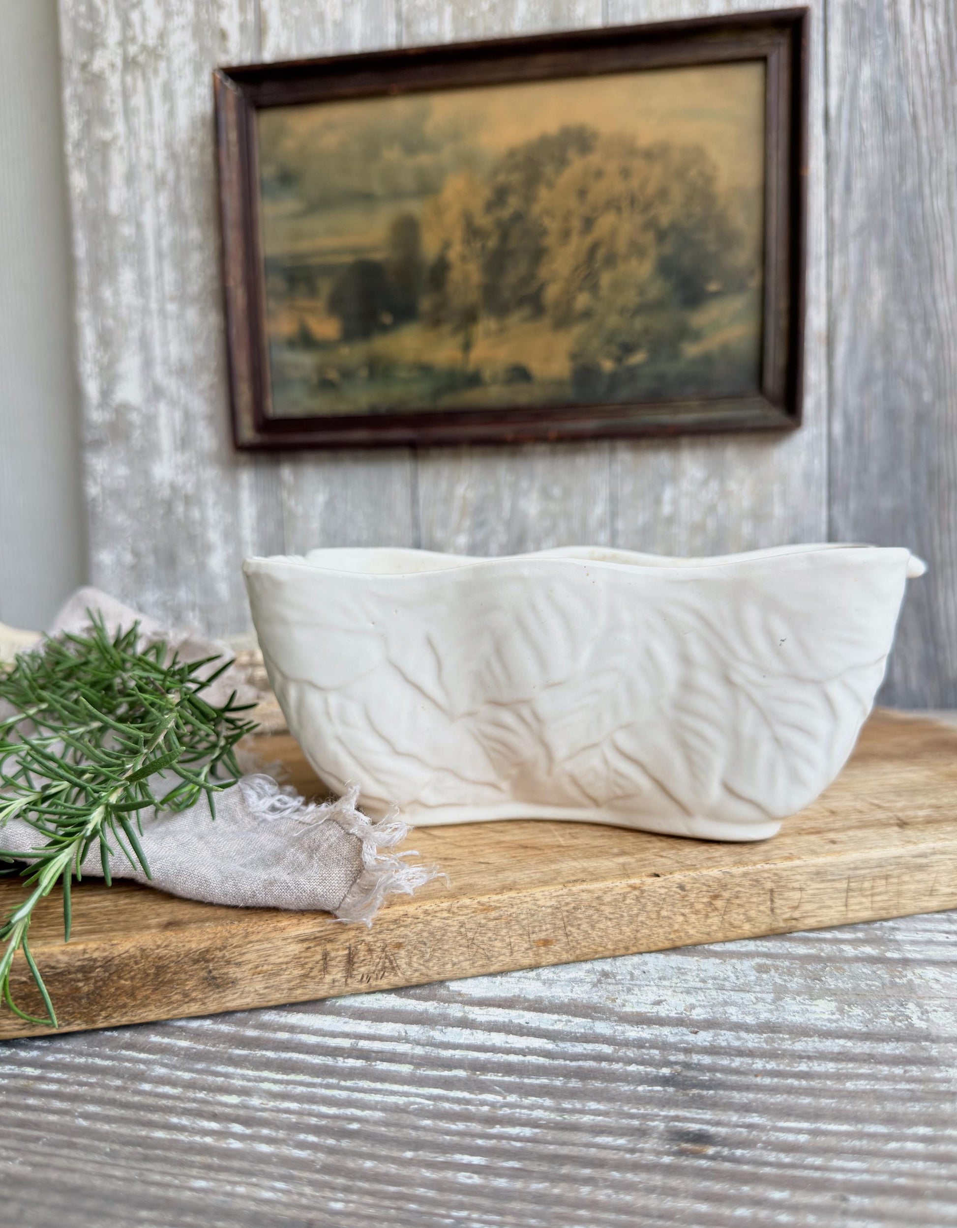 Vintage Stoneware Planter White Imperial USA, Embossed Leaf Pottery, Farmhouse Cottage Garden Decor
