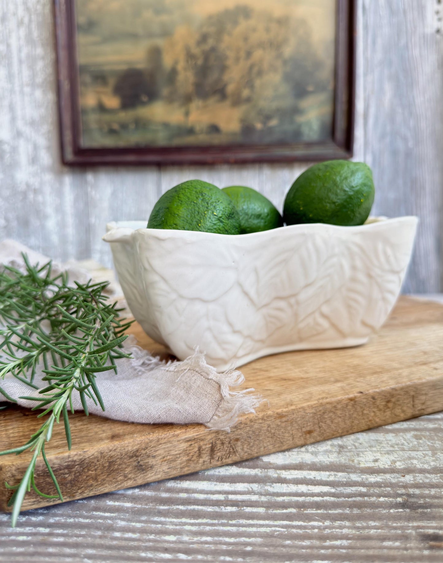 Vintage Stoneware Planter White Imperial USA, Embossed Leaf Pottery, Farmhouse Cottage Garden Decor