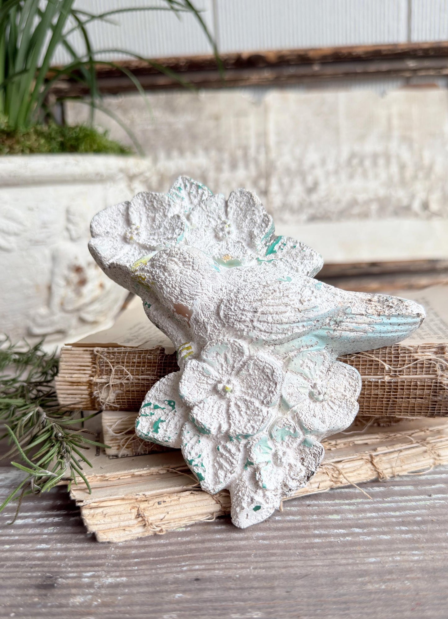Vintage Cement Bird Wall Chippy Plaque, Garden Farmhouse Wall Hanging,