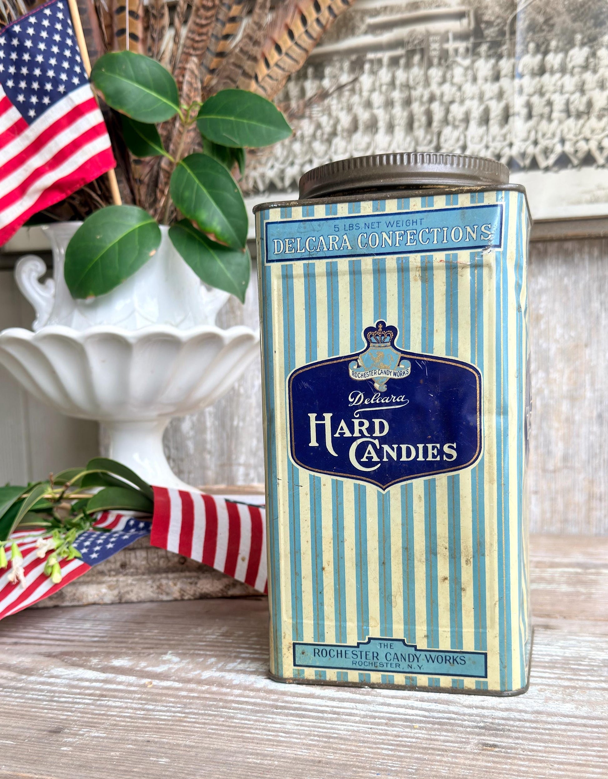 Vintage Delcara Candy Tin, Rochester Candy Works NY, Blue Striped Hard Candies Canister