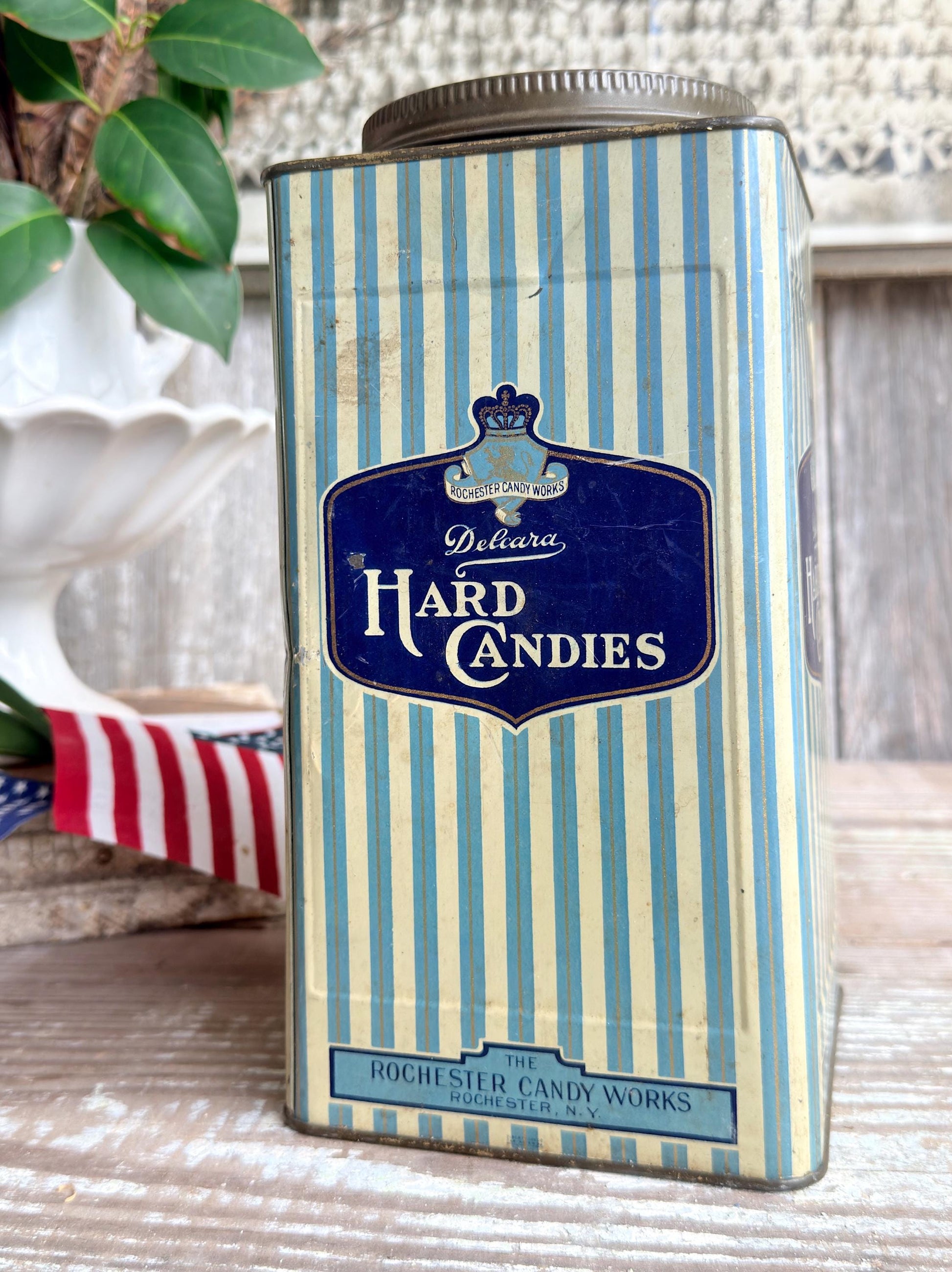 Vintage Delcara Candy Tin, Rochester Candy Works NY, Blue Striped Hard Candies Canister