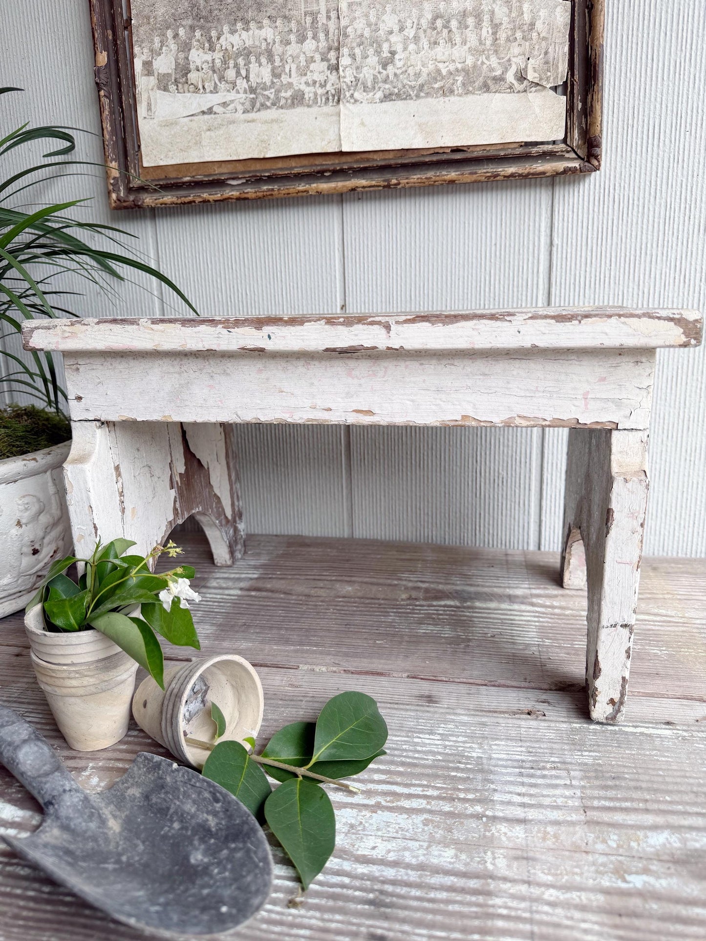 Antique Chippy White Wood Stool Bench, Primitive Farmhouse Garden Decor