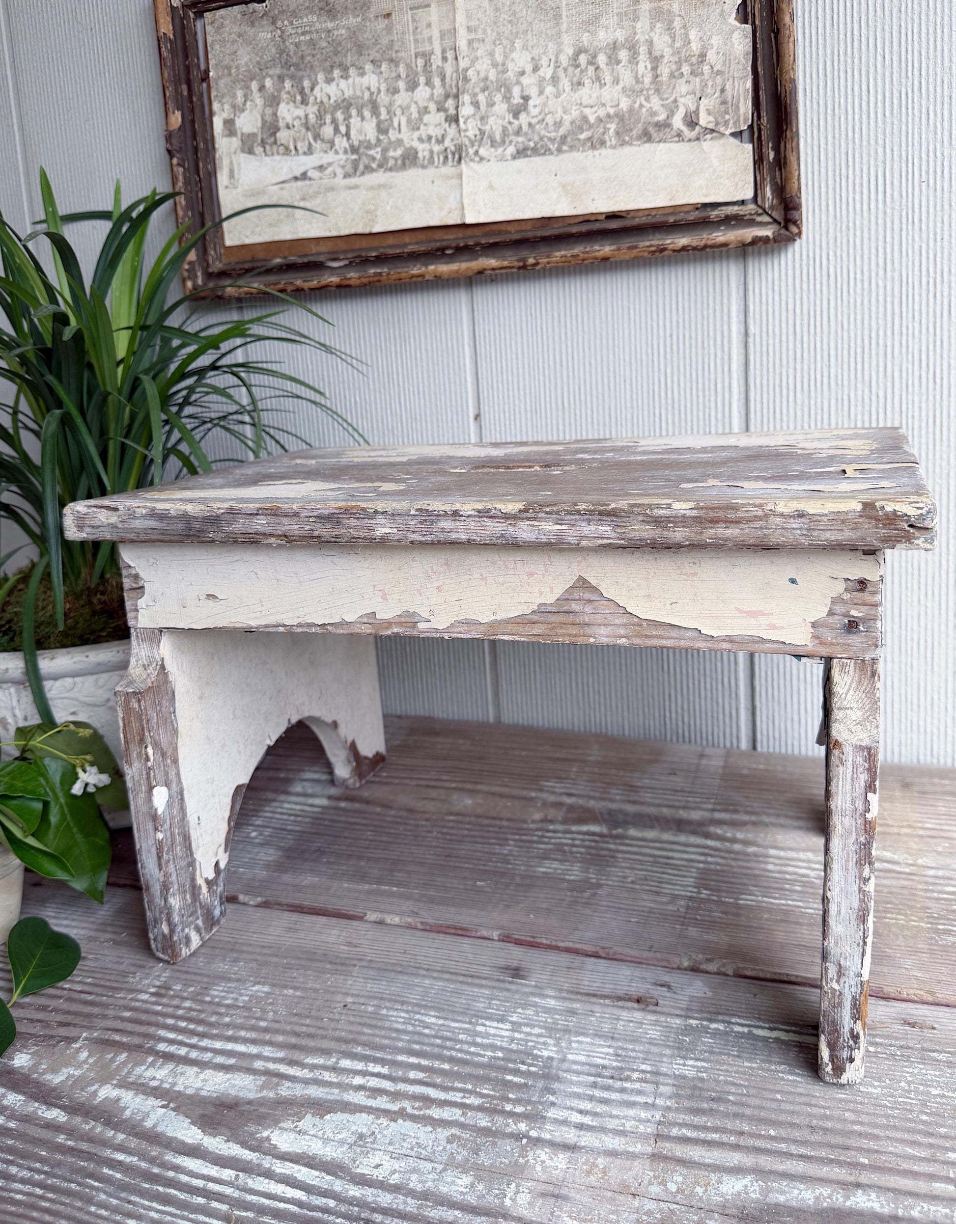 Antique Chippy White Wood Stool Bench, Primitive Farmhouse Garden Decor