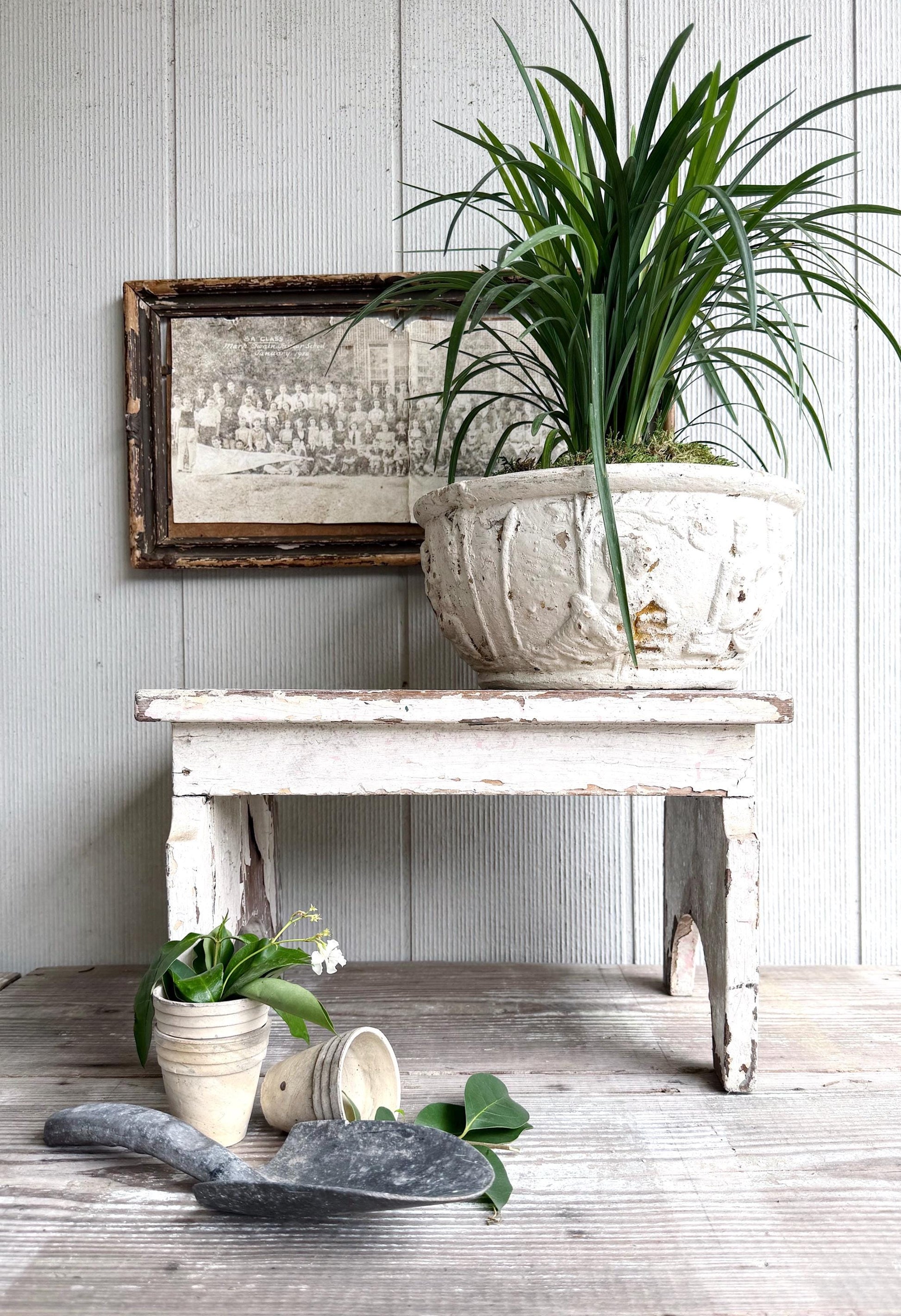 Antique Chippy White Wood Stool Bench, Primitive Farmhouse Garden Decor