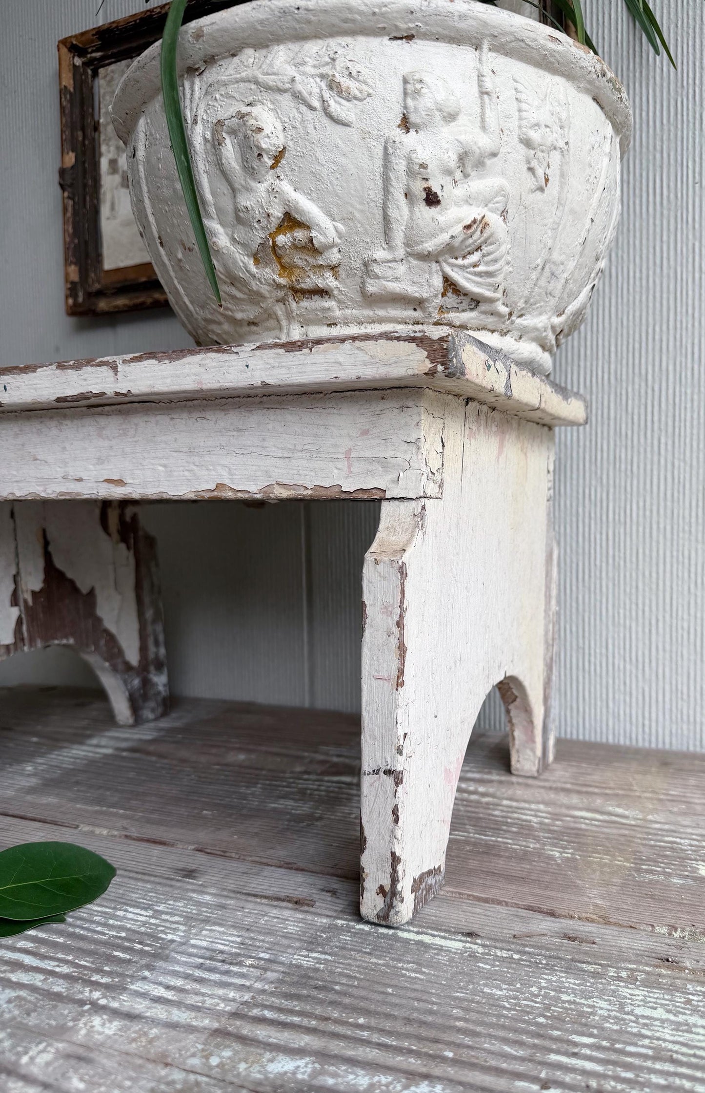 Antique Chippy White Wood Stool Bench, Primitive Farmhouse Garden Decor