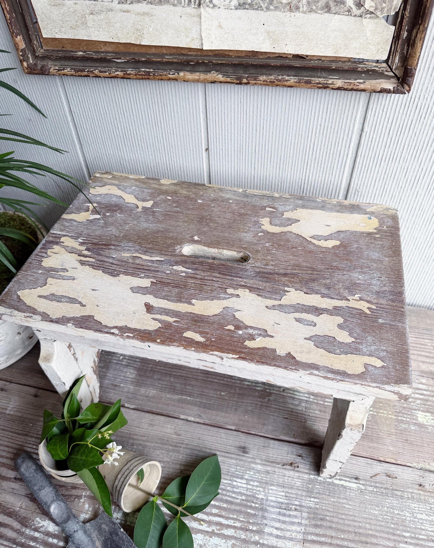 Antique Chippy White Wood Stool Bench, Primitive Farmhouse Garden Decor
