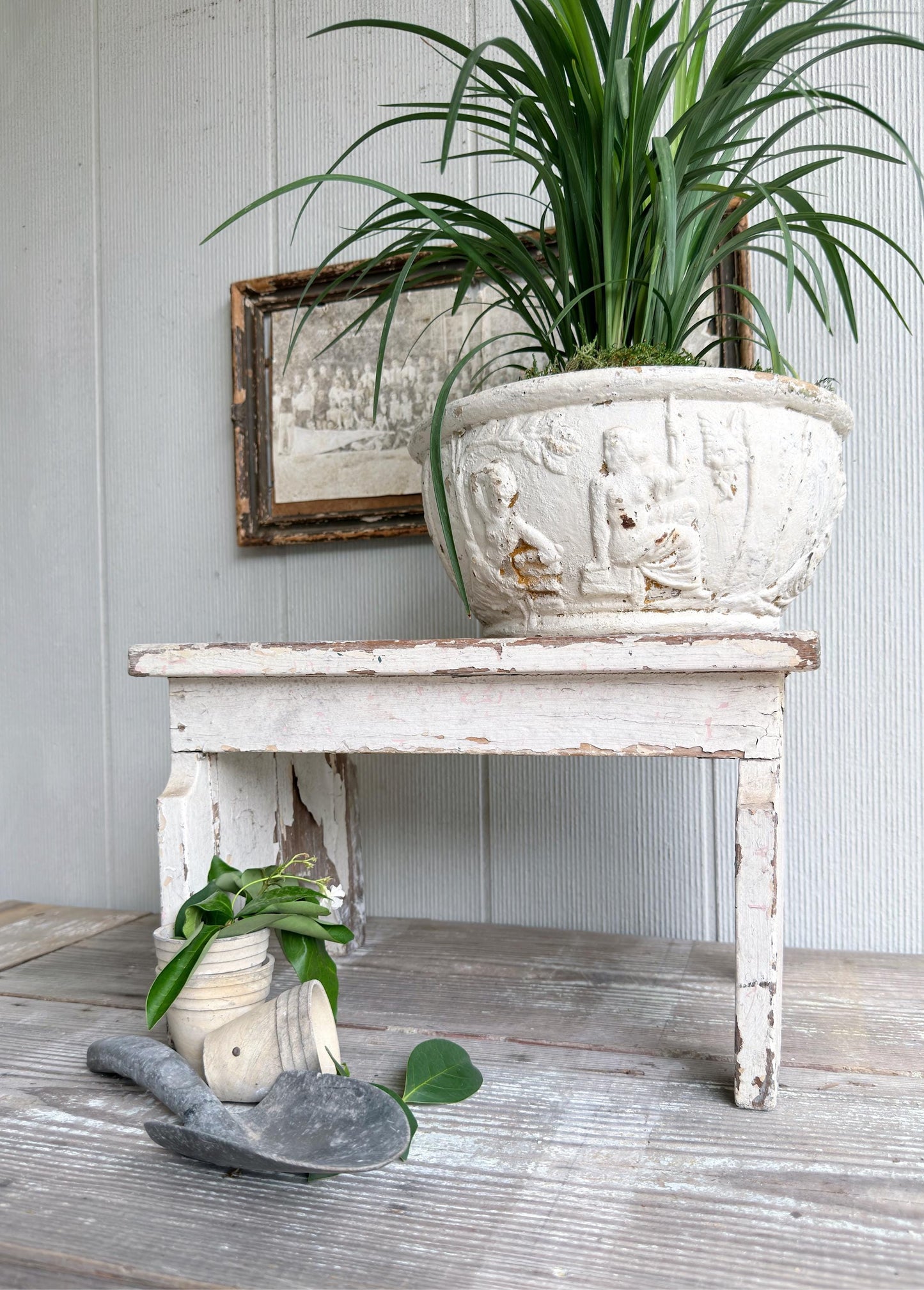 Antique Chippy White Wood Stool Bench, Primitive Farmhouse Garden Decor