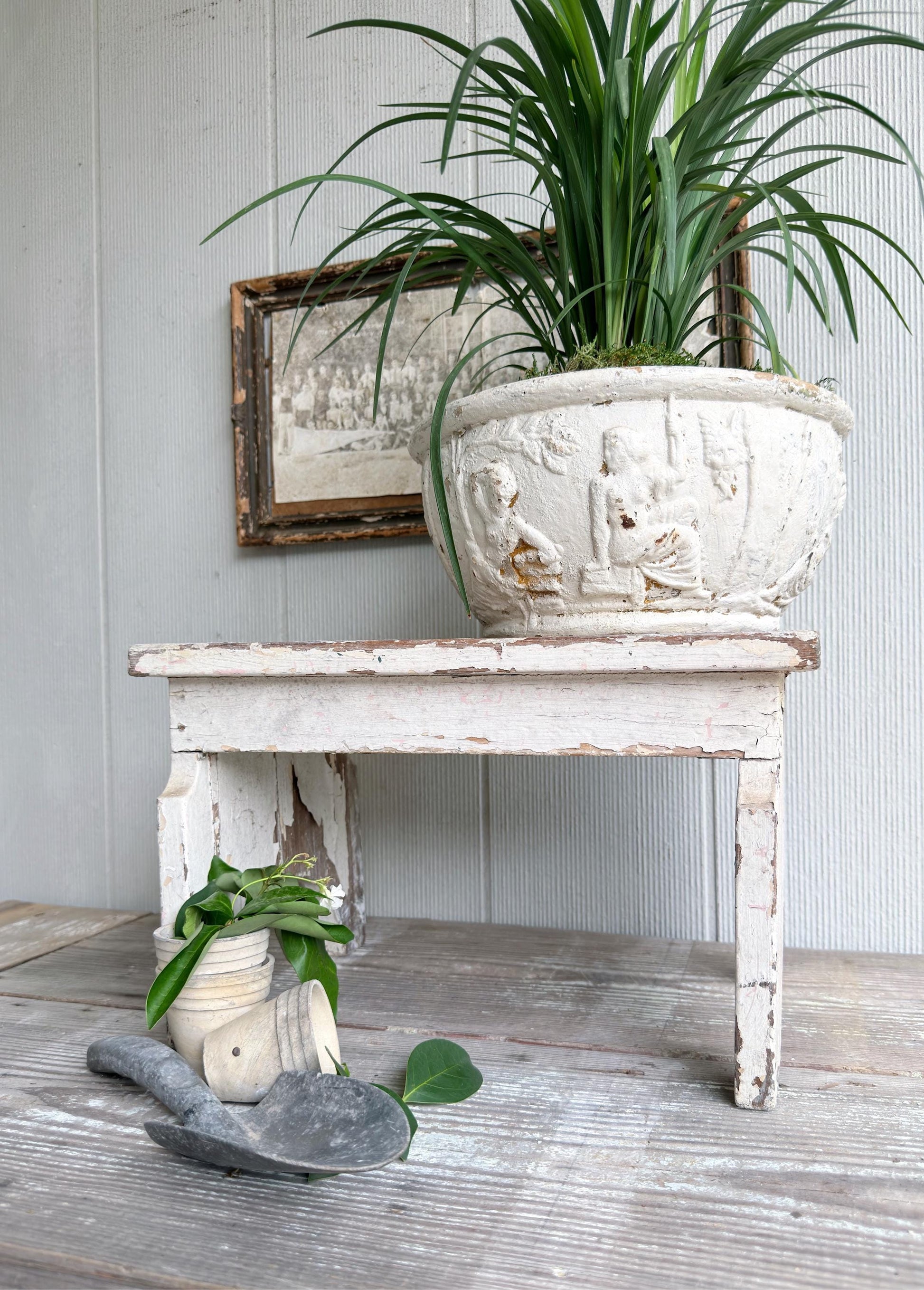 Antique Chippy White Wood Stool Bench, Primitive Farmhouse Garden Decor