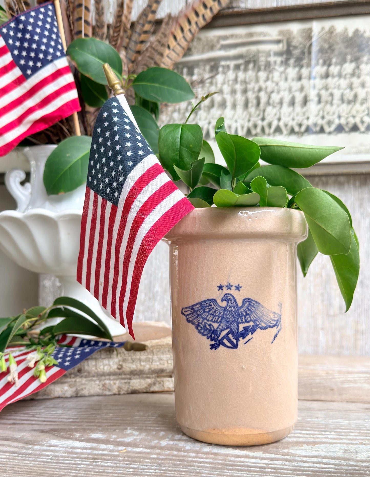 Vintage Stoneware Crock Vase, Blue Eagle Salt Glaze Americana Pottery, Farmhouse Utensil Holder