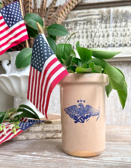 Vintage Stoneware Crock Vase, Blue Eagle Salt Glaze Americana Pottery, Farmhouse Utensil Holder