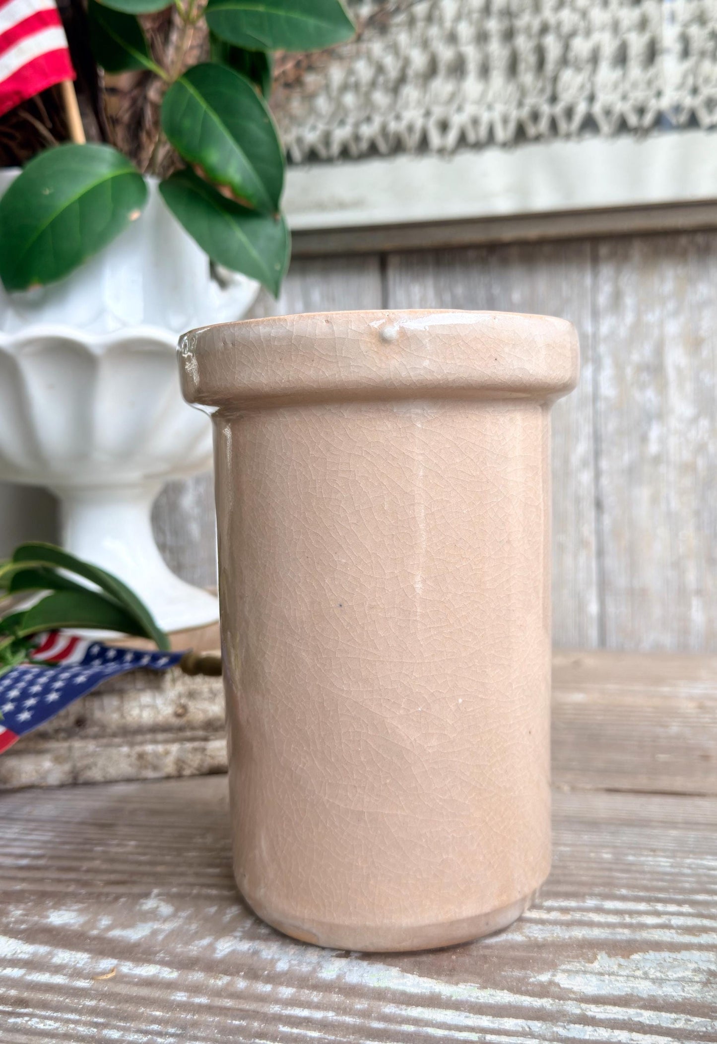 Vintage Stoneware Crock Vase, Blue Eagle Salt Glaze Americana Pottery, Farmhouse Utensil Holder