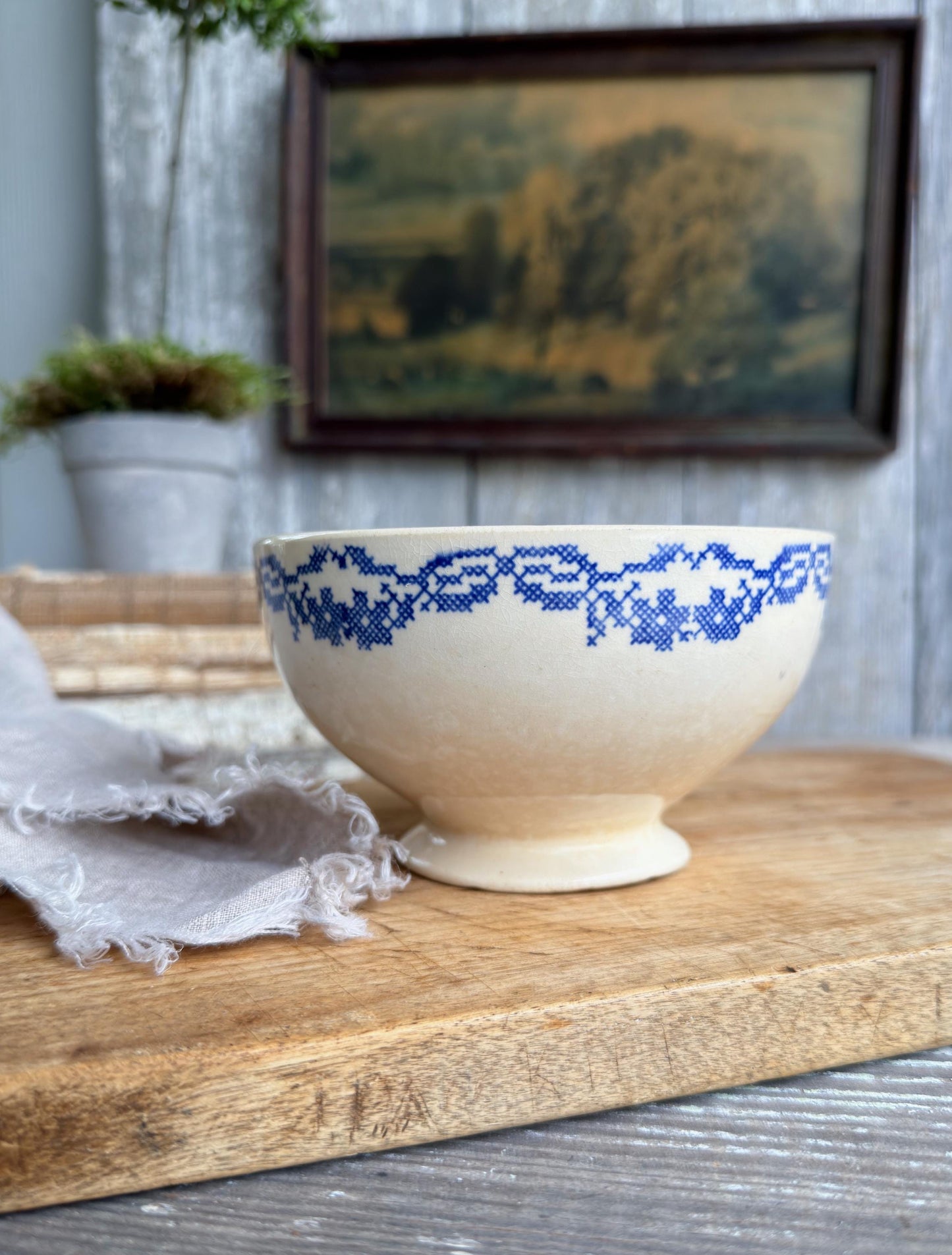 Antique Cafe Au Lait Pedestal Bowl, Blue Transferware Stoneware, Farmhouse Kitchen Camwood Ivory USA