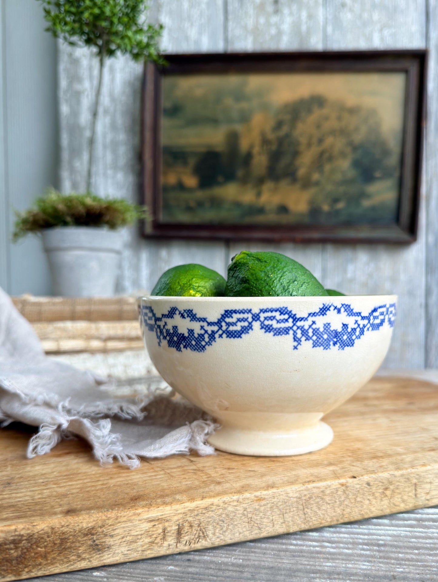 Antique Cafe Au Lait Pedestal Bowl, Blue Transferware Stoneware, Farmhouse Kitchen Camwood Ivory USA