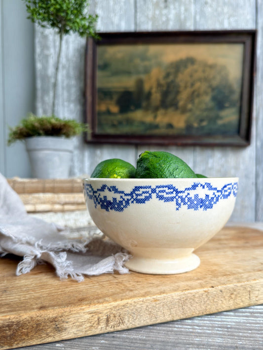 Antique Cafe Au Lait Pedestal Bowl, Blue Transferware Stoneware, Farmhouse Kitchen Camwood Ivory USA