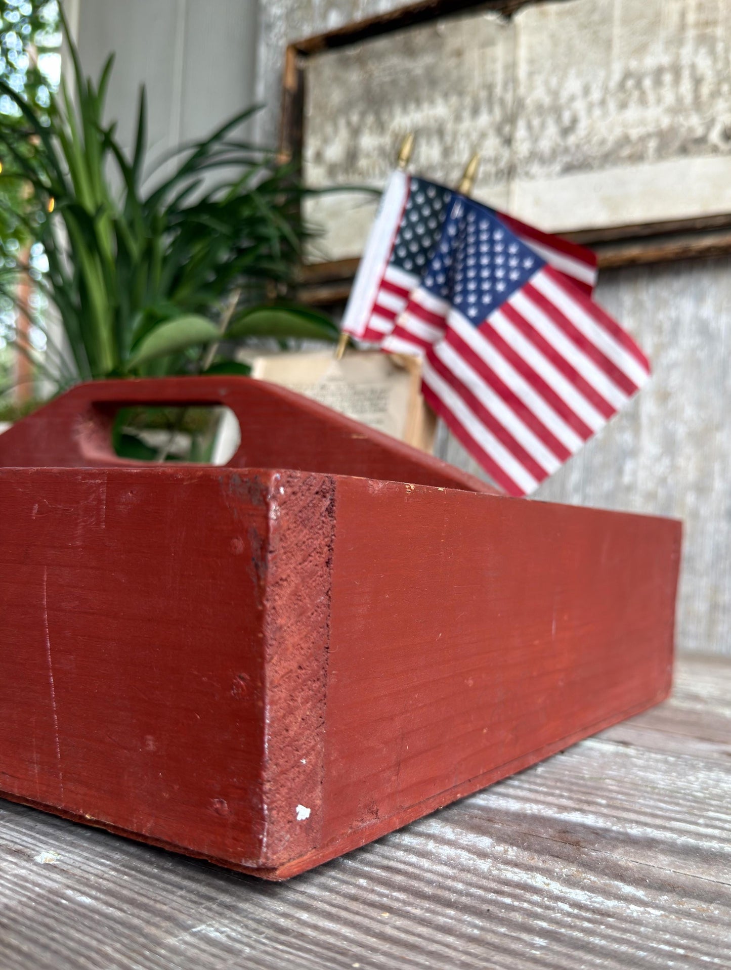 Primitive Wood Caddy Tool Tote, Vintage Rustic Red Farmhouse Storage Box, Carpenter Organizer Americana