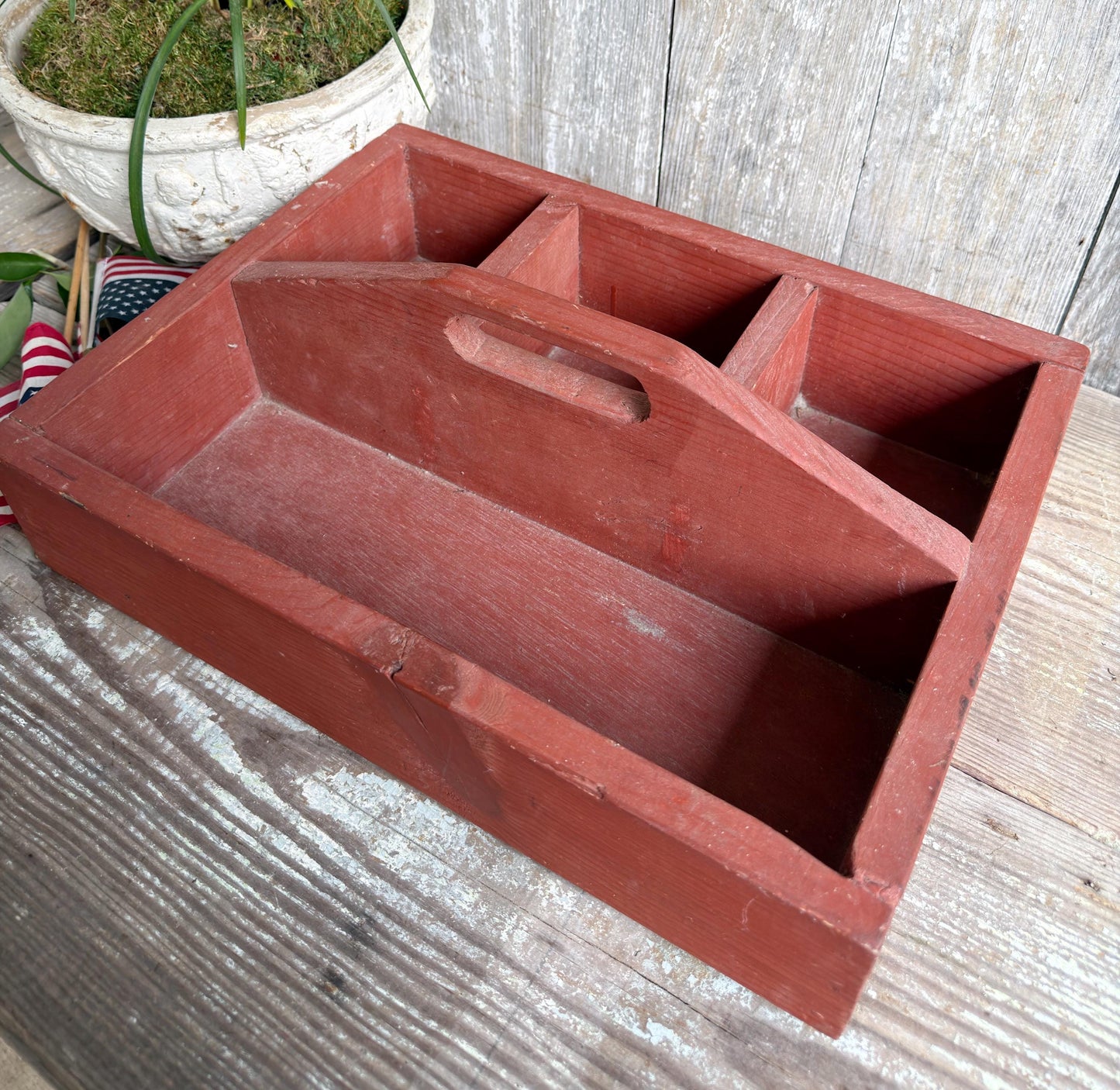Primitive Wood Caddy Tool Tote, Vintage Rustic Red Farmhouse Storage Box, Carpenter Organizer Americana