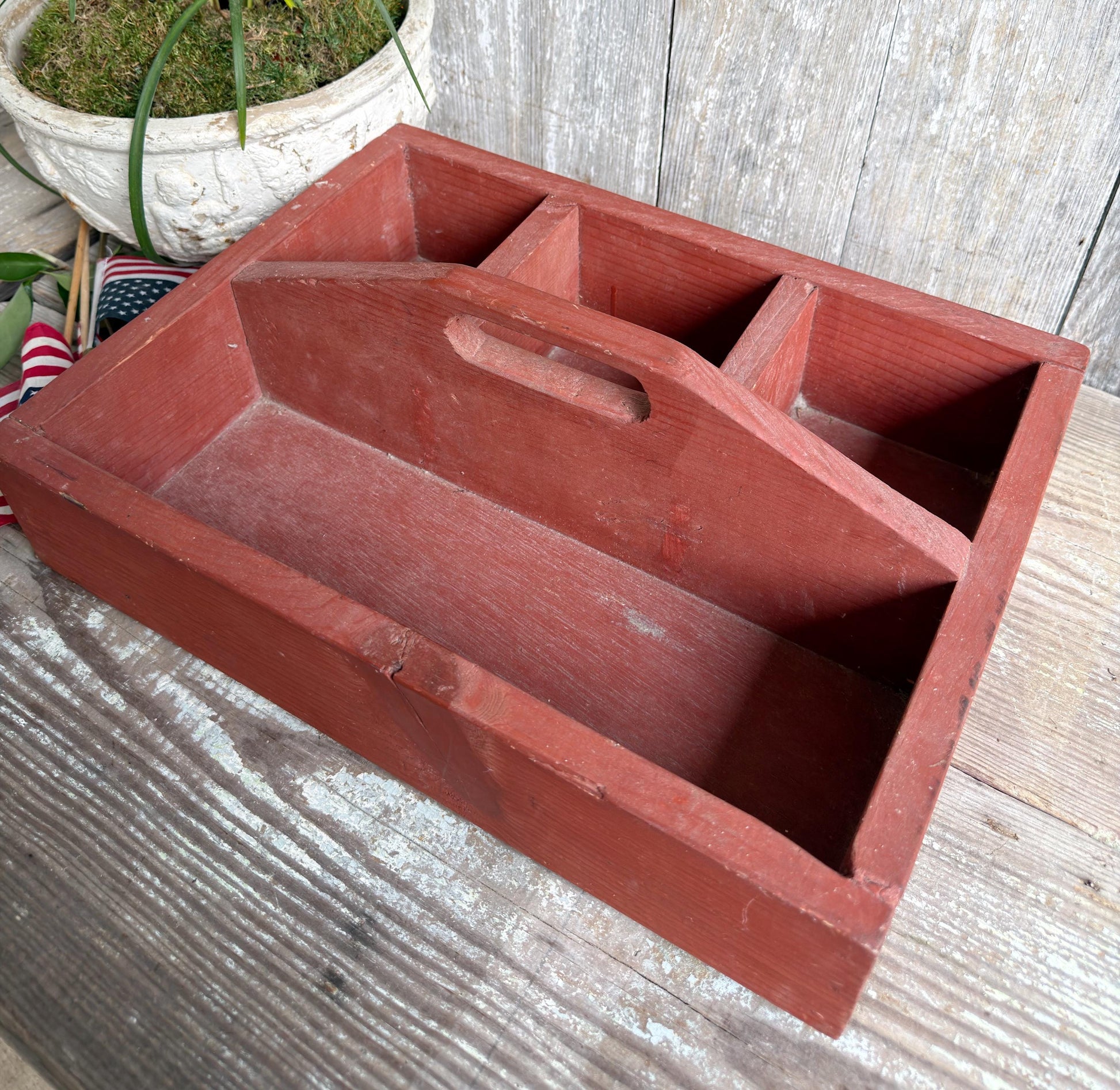 Primitive Wood Caddy Tool Tote, Vintage Rustic Red Farmhouse Storage Box, Carpenter Organizer Americana