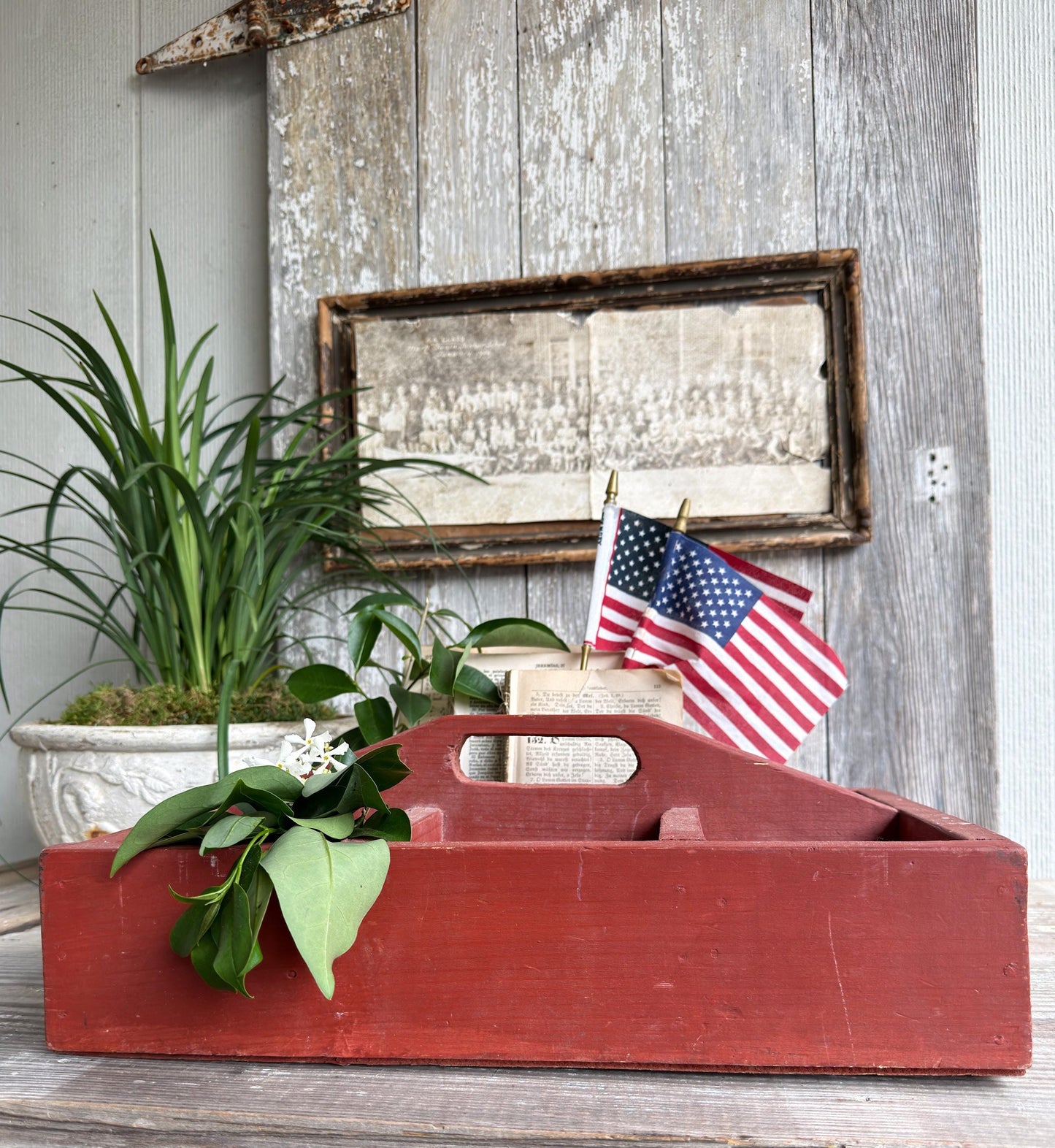 Primitive Wood Caddy Tool Tote, Vintage Rustic Red Farmhouse Storage Box, Carpenter Organizer Americana