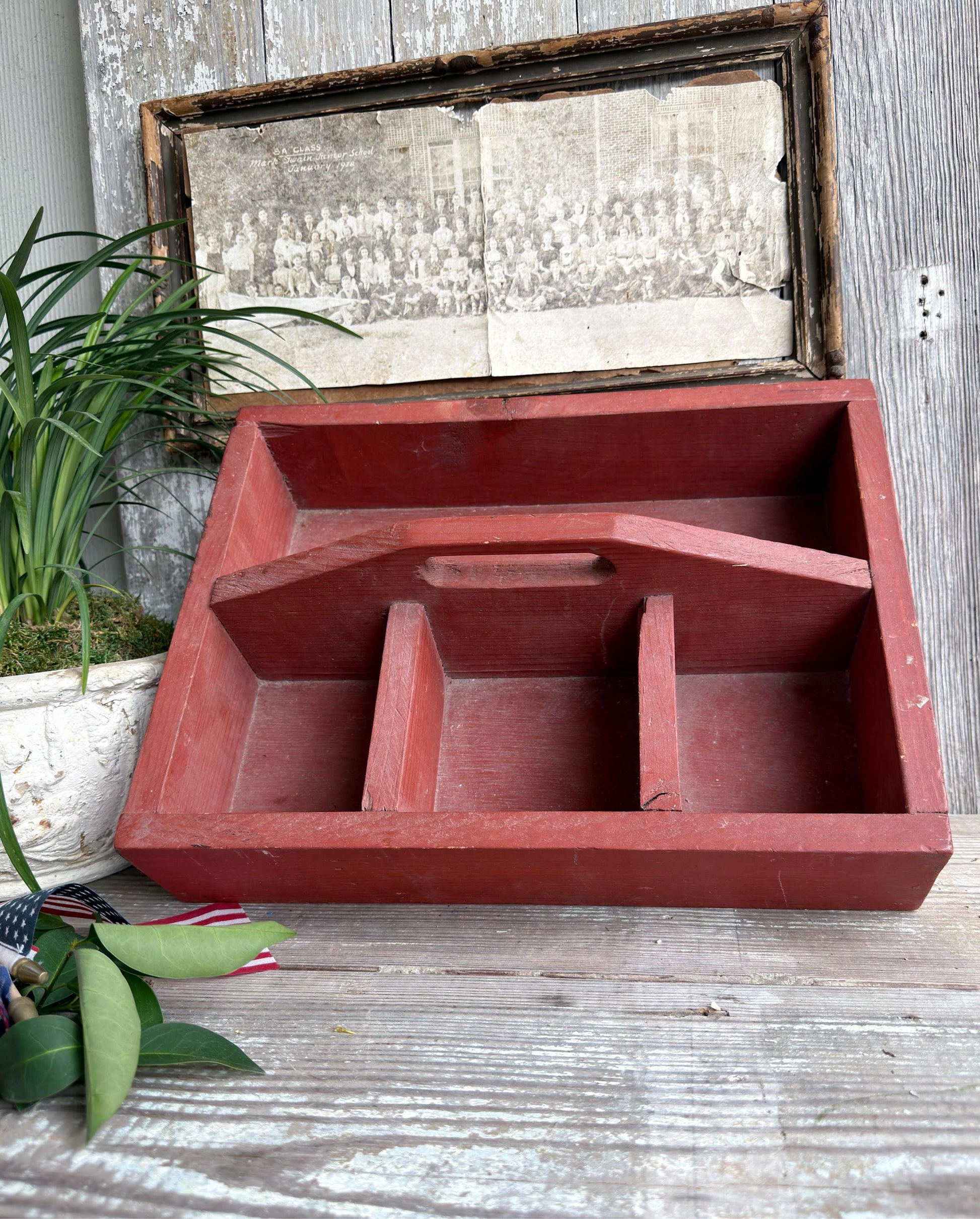 Primitive Wood Caddy Tool Tote, Vintage Rustic Red Farmhouse Storage Box, Carpenter Organizer Americana