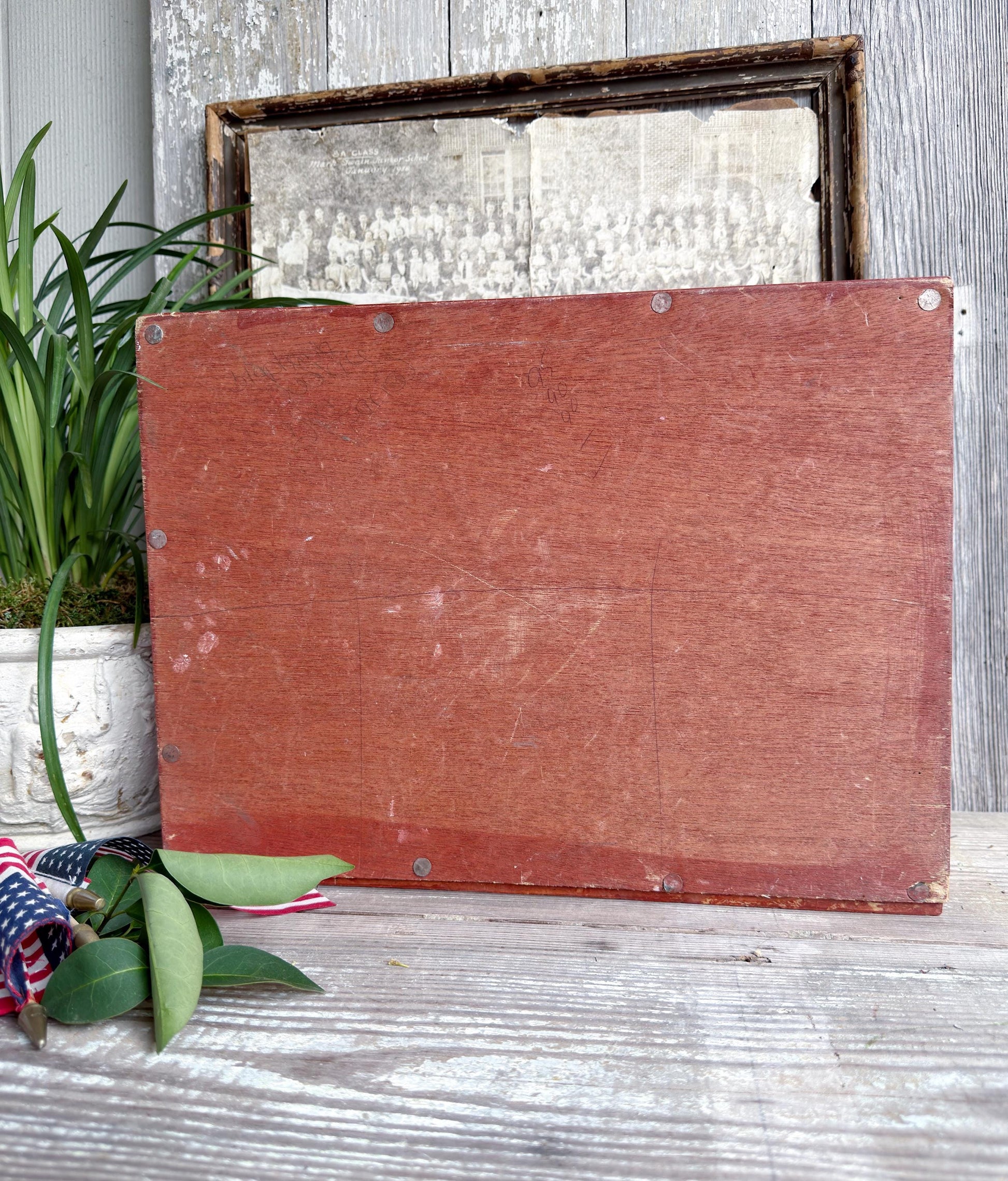 Primitive Wood Caddy Tool Tote, Vintage Rustic Red Farmhouse Storage Box, Carpenter Organizer Americana