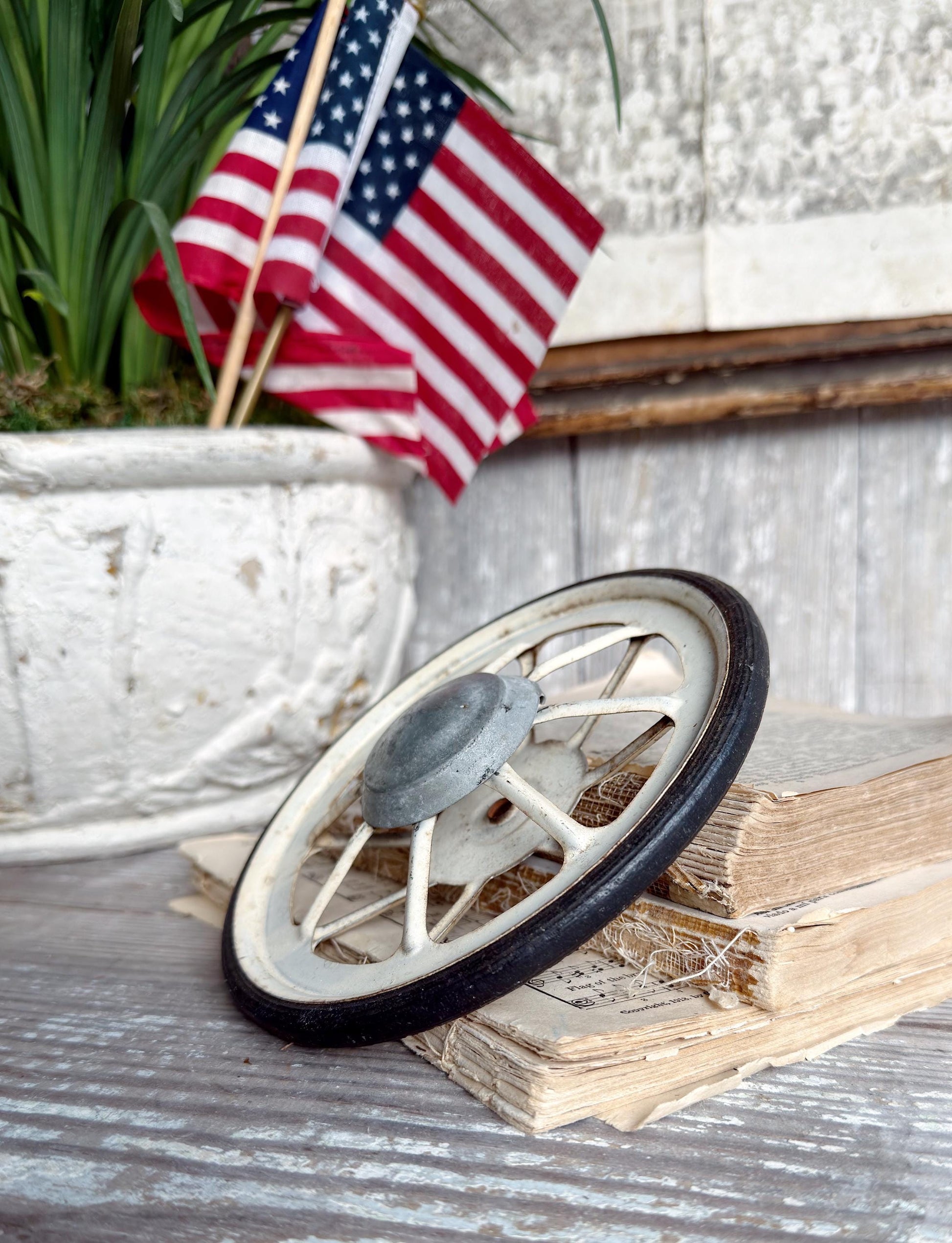 Antique WHITE Buggy Cart Wheel Industrial Salvage Metal Farmhouse Decor Primitive