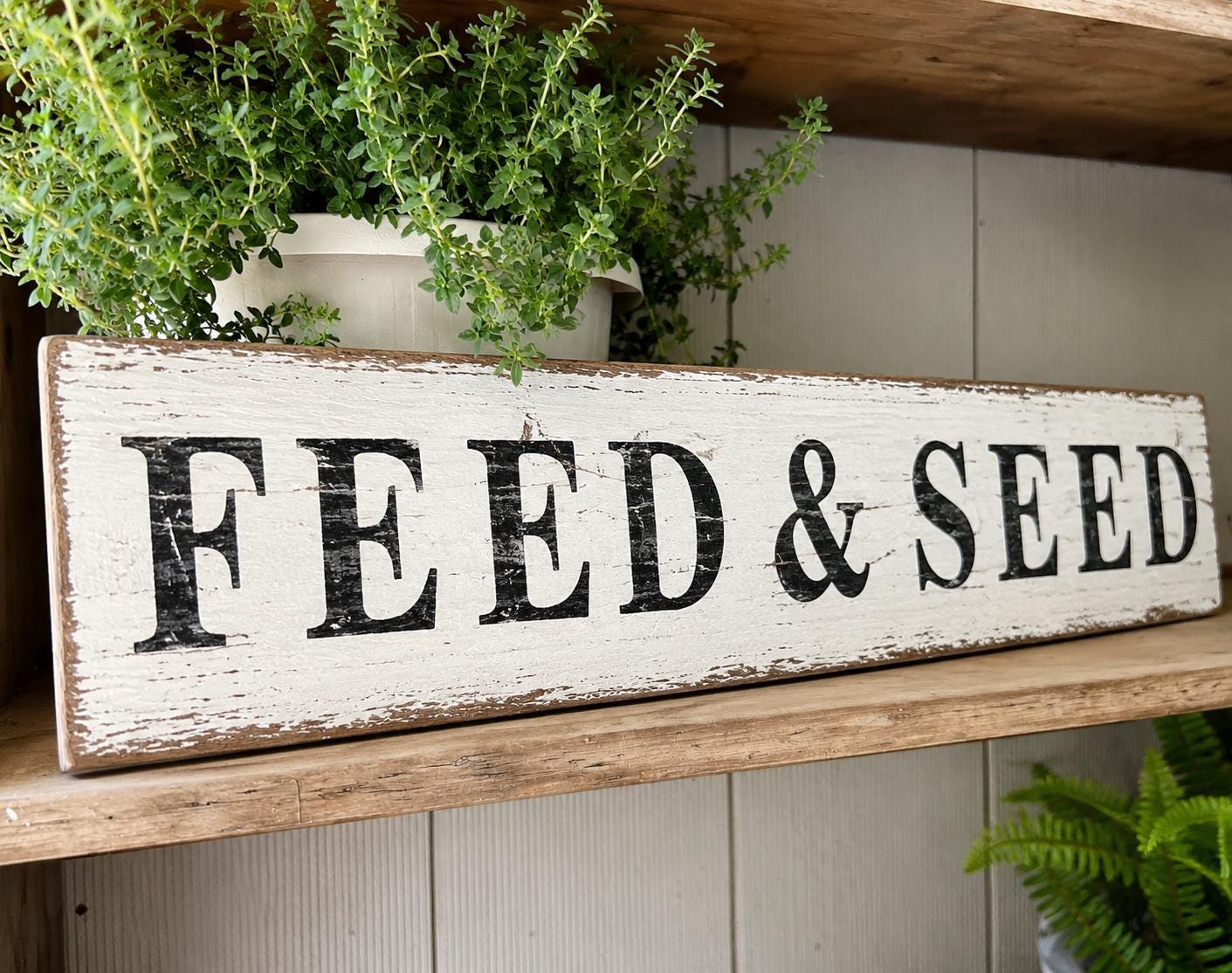 FEED & SEED Sign,Salvaged Barn Wood, White Chippy Paint Handmade