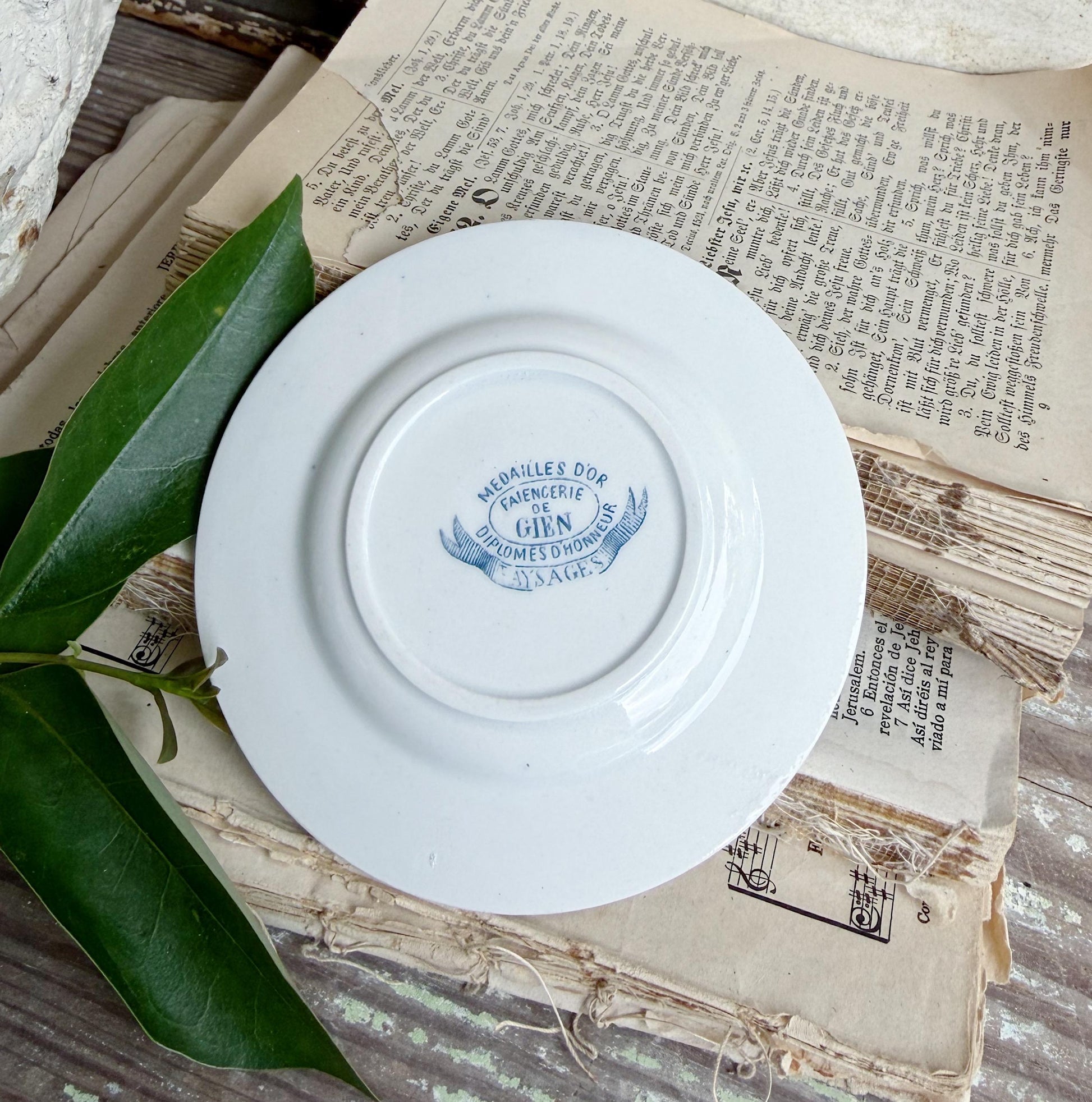 Antique French Faience Gien Plate, Blue Transferware Bird, Medailles D’Or France