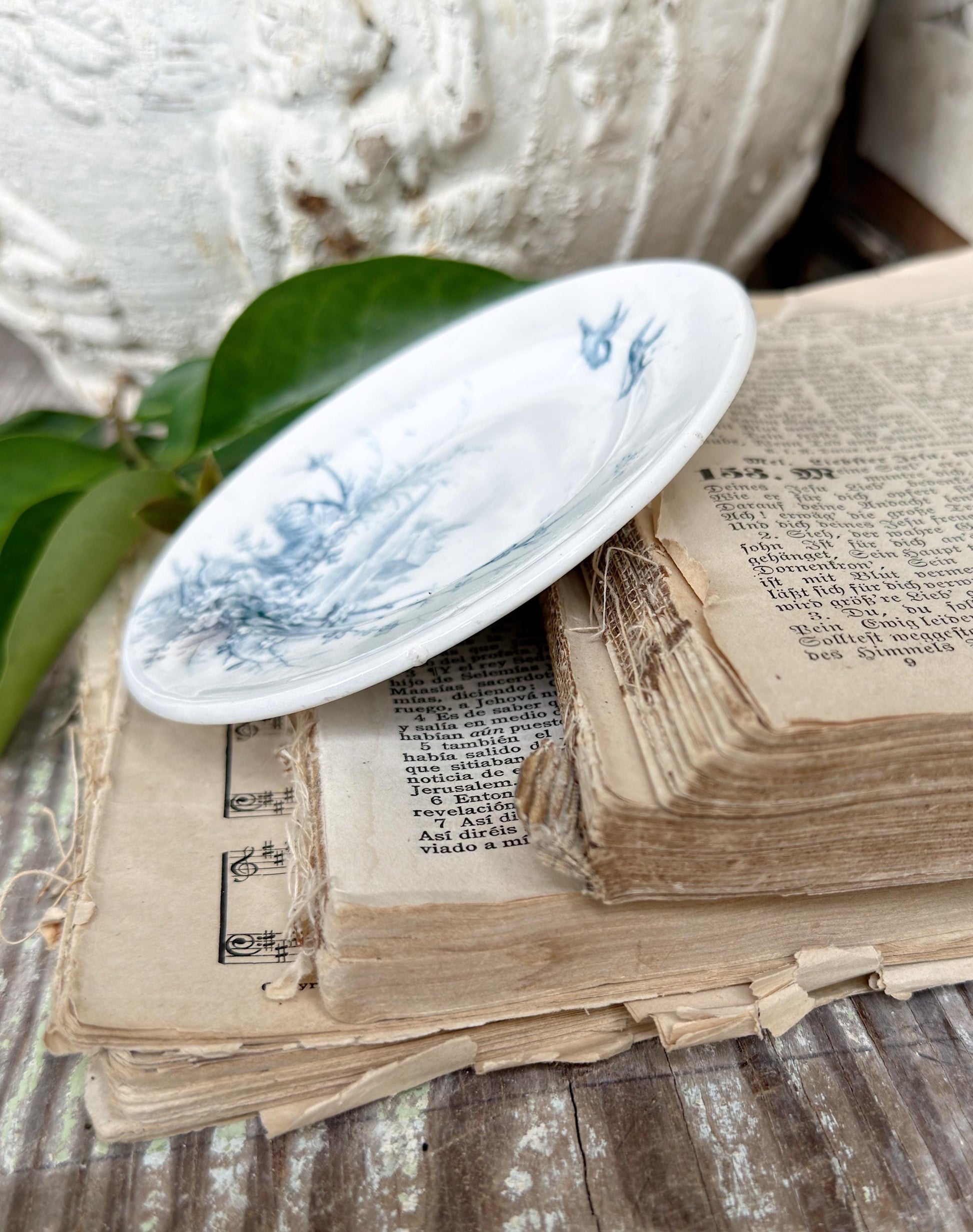 Antique French Faience Gien Plate, Blue Transferware Bird, Medailles D’Or France