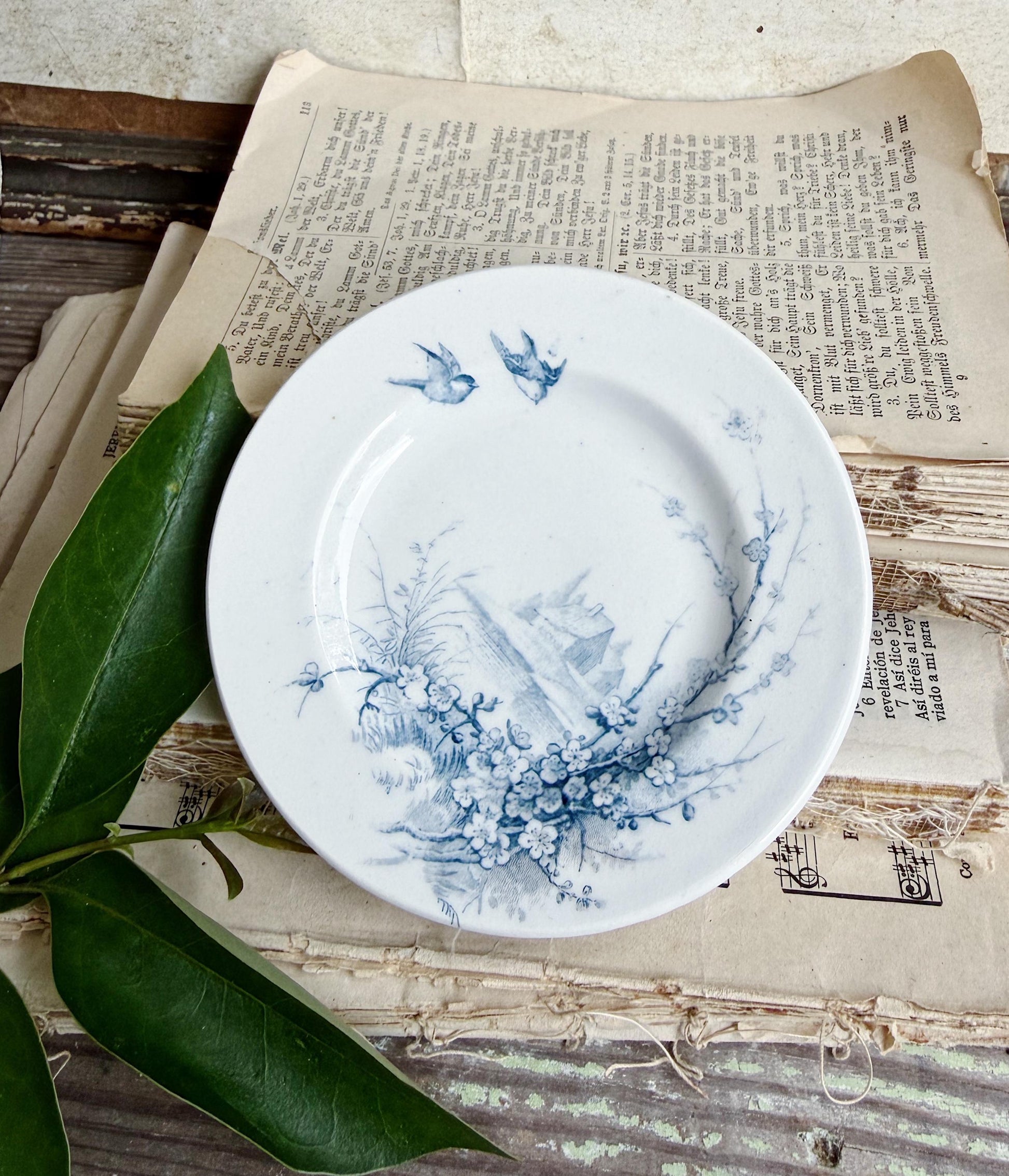 Antique French Faience Gien Plate, Blue Transferware Bird, Medailles D’Or France