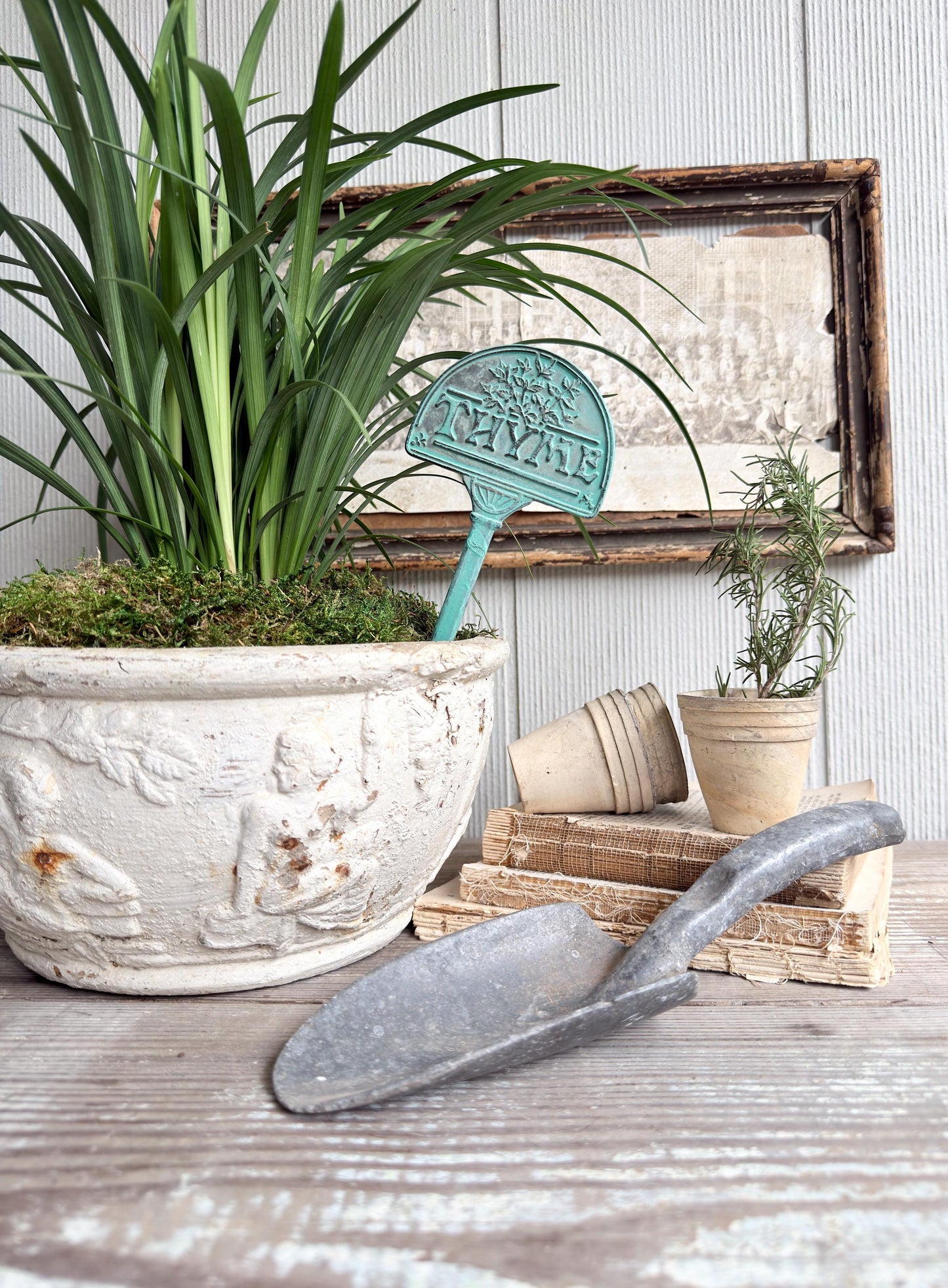 Vintage Brass Thyme Herb Marker Stake, Aged Patina Garden Decor, Rustic Accent