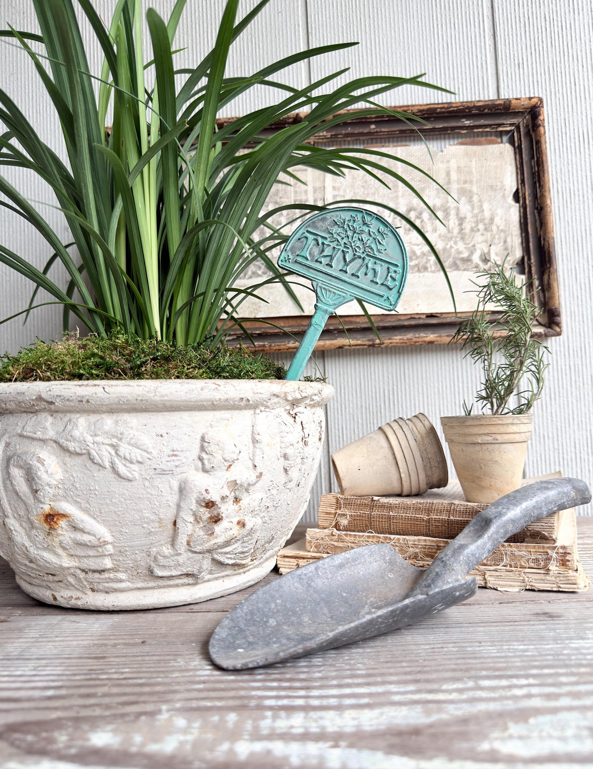 Vintage Brass Thyme Herb Marker Stake, Aged Patina Garden Decor, Rustic Accent