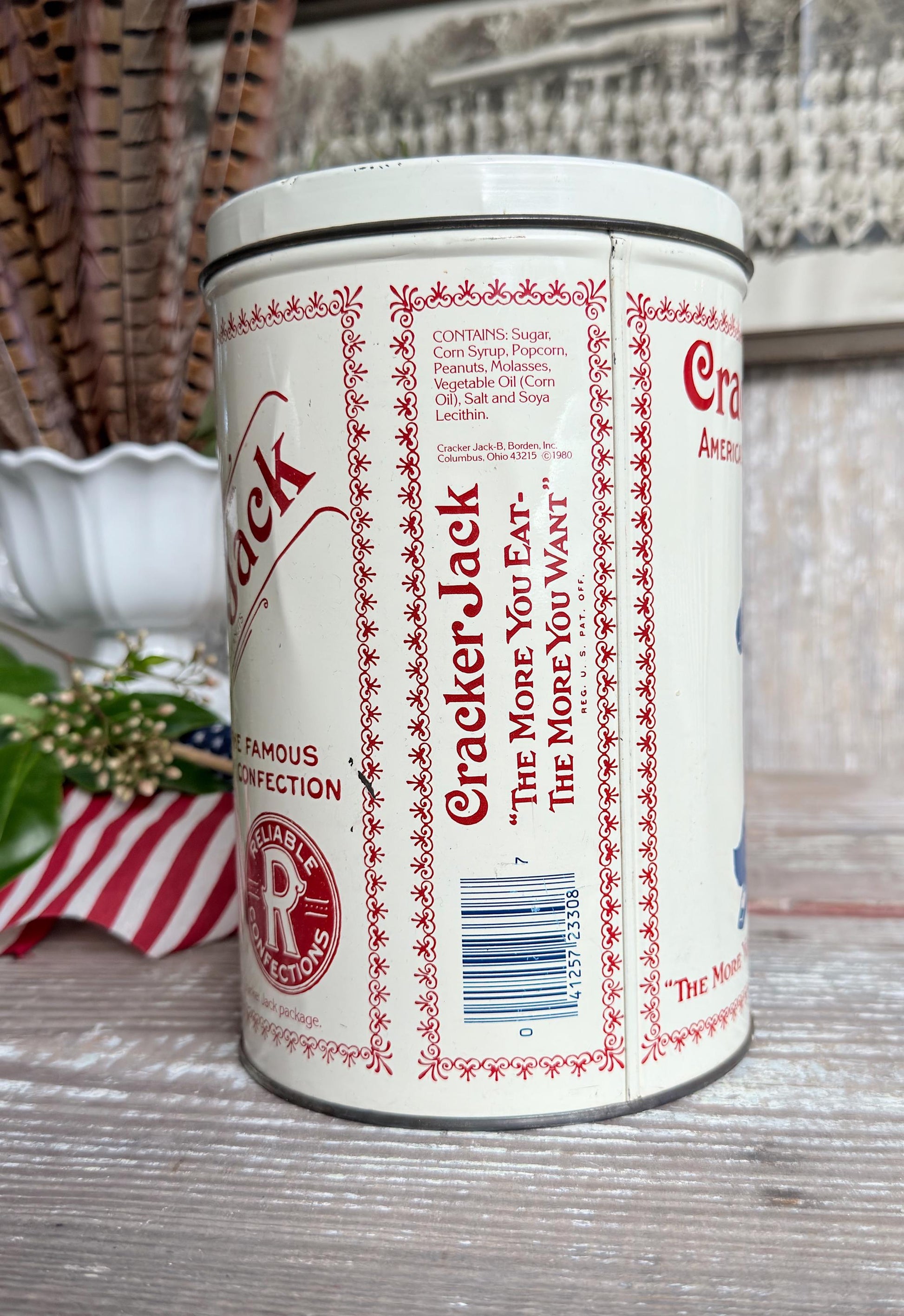 Vintage CRACKER JACK Tin Can Red White Blue Farmhouse Americana