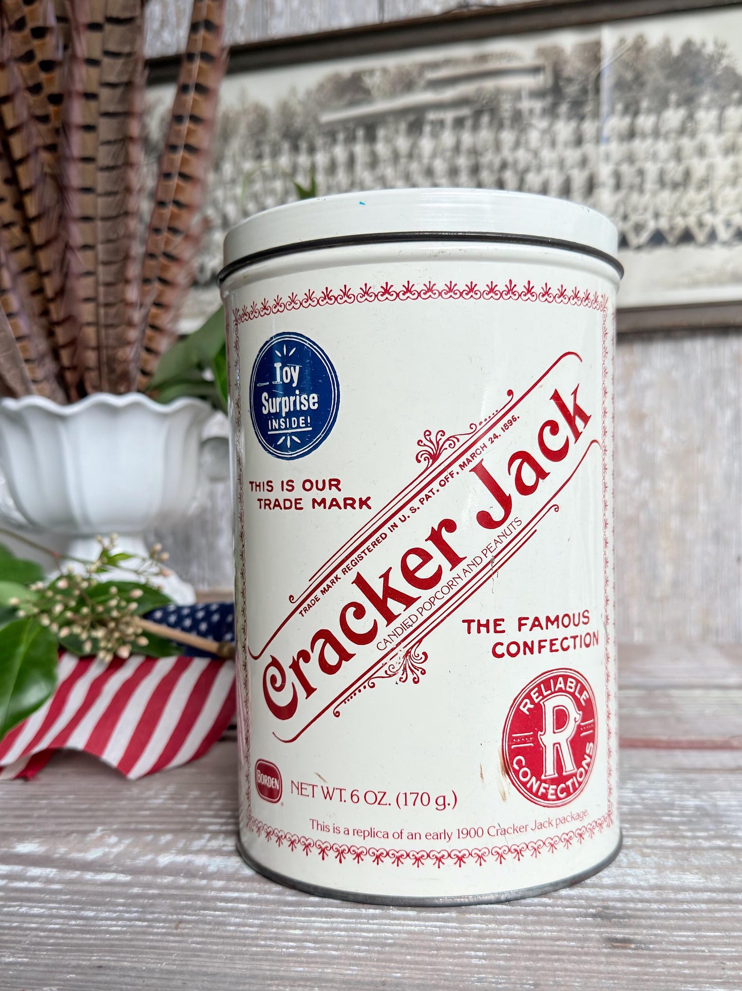 Vintage CRACKER JACK Tin Can Red White Blue Farmhouse Americana