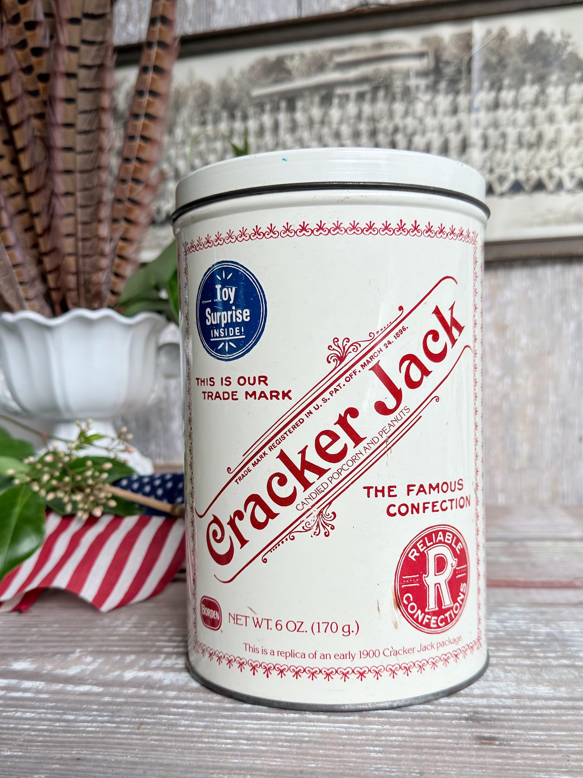 Vintage CRACKER JACK Tin Can Red White Blue Farmhouse Americana