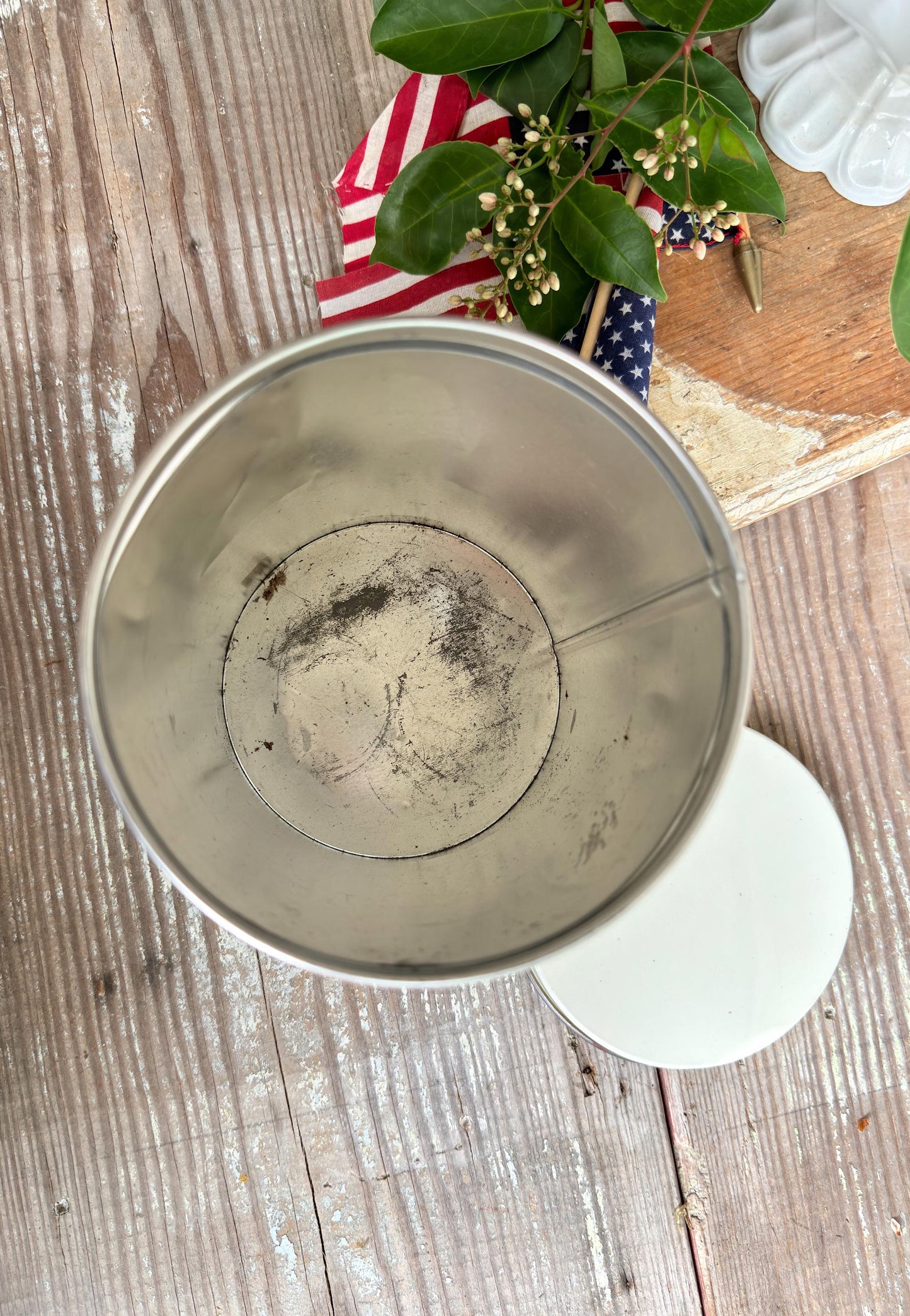 Vintage CRACKER JACK Tin Can Red White Blue Farmhouse Americana