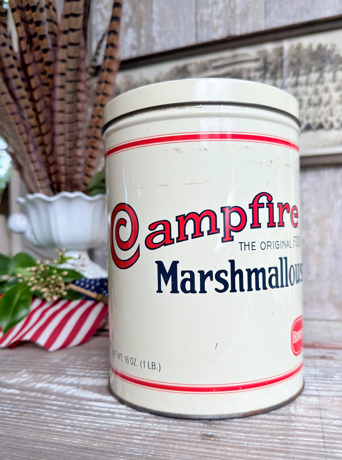 Vintage CAMPFIRE MARSHMALLOWS Tin Can Americana Farmhouse Decor