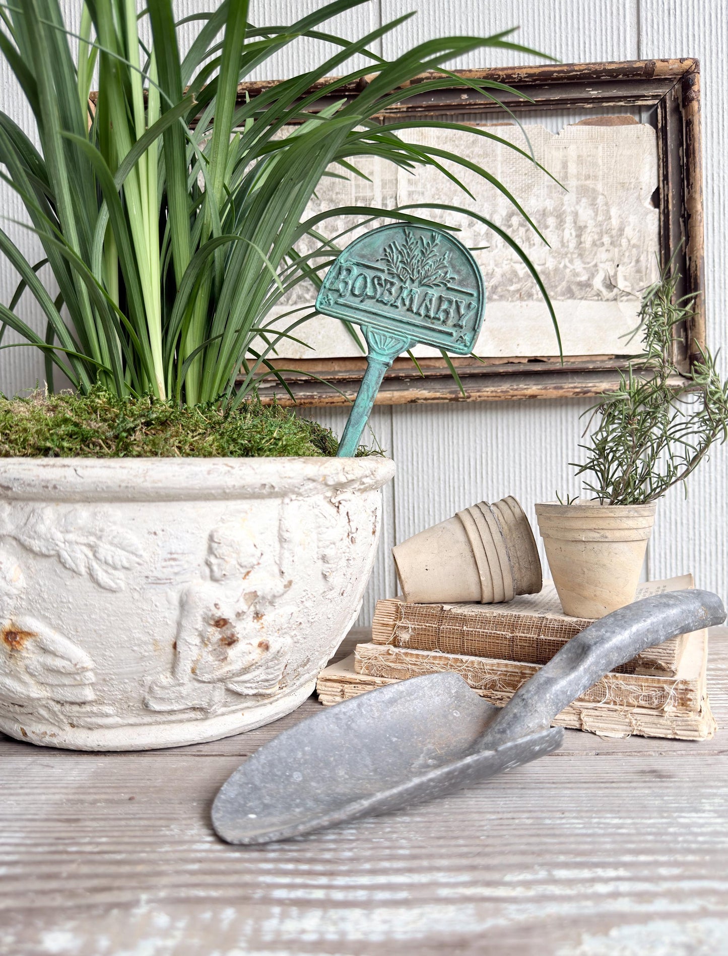 Vintage Brass Rosemary Herb Marker Stake, Aged Patina Garden Decor, Rustic Accent