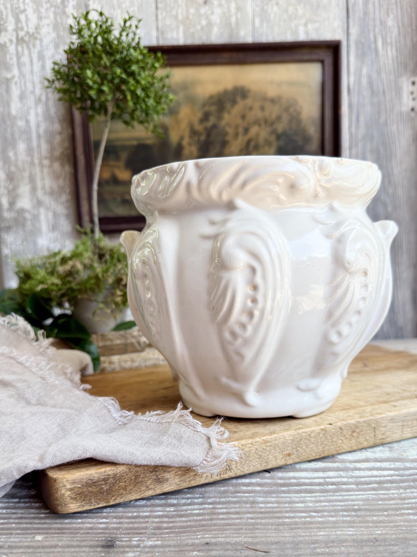 White French Pottery Planter, Vintage Farmhouse Cache Pot, Vessel