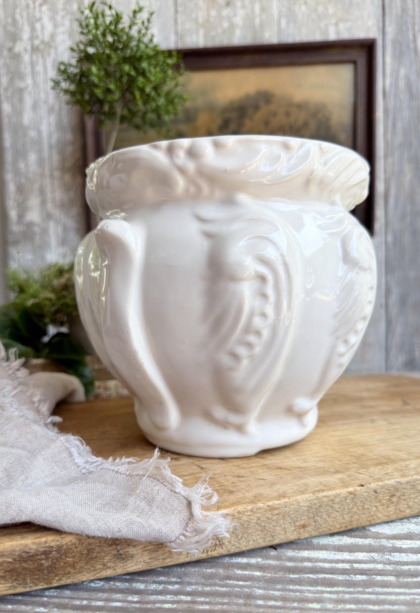 White French Pottery Planter, Vintage Farmhouse Cache Pot, Vessel