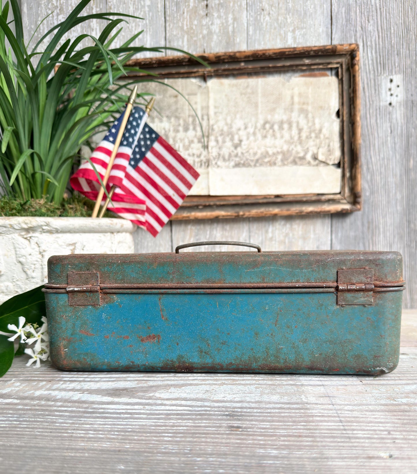 Vintage Blue Metal Tool Box Primitive Industrial Storage Tackle