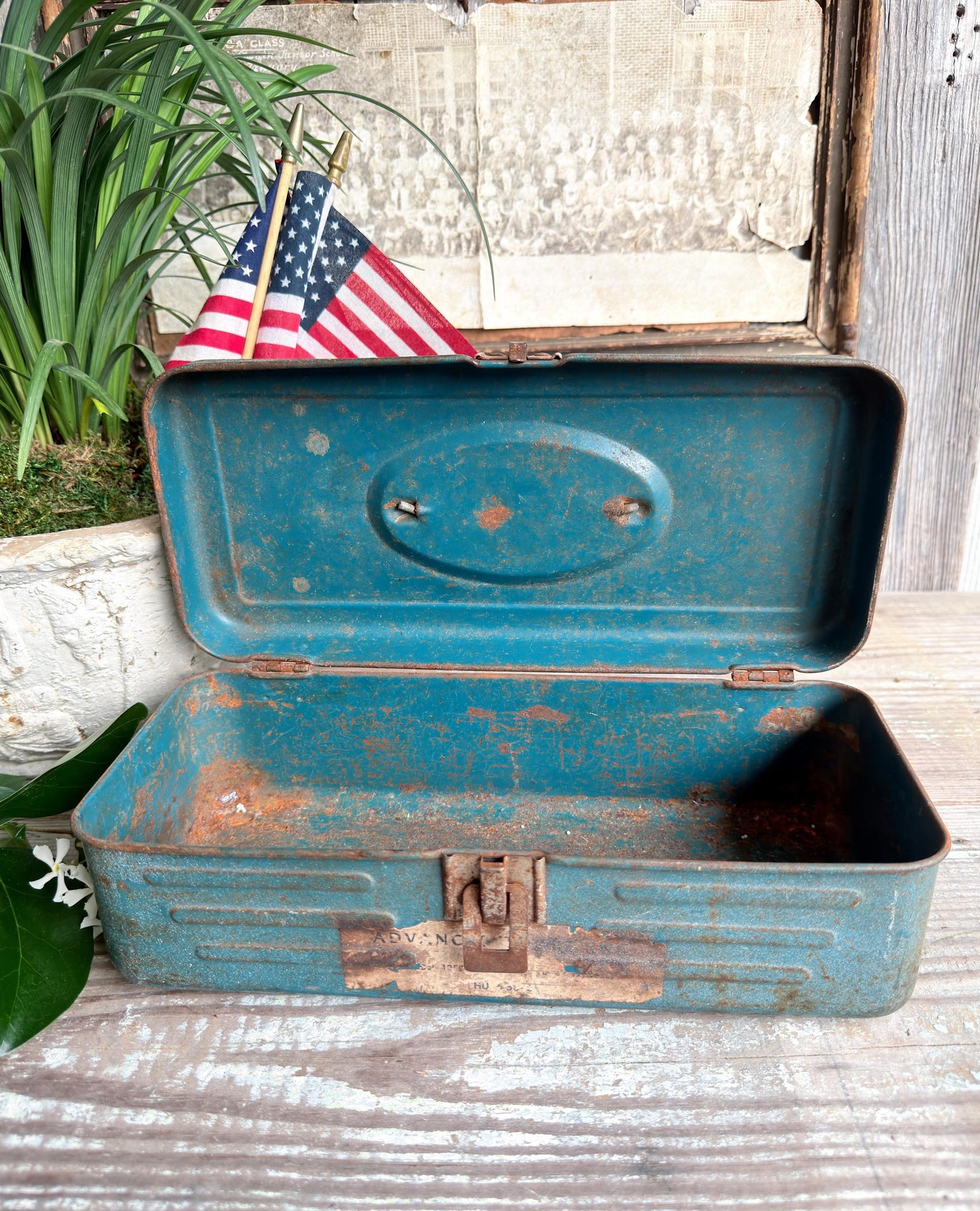 Vintage Blue Metal Tool Box Primitive Industrial Storage Tackle